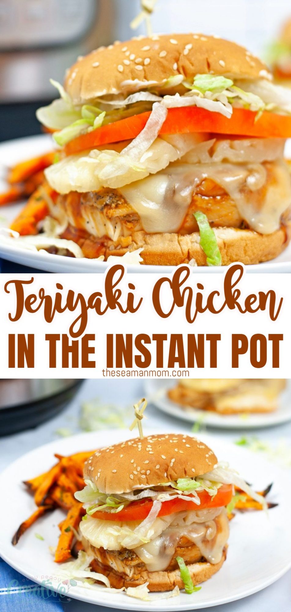 Photo collage of Instant Pot teriyaki chicken in a burger bun