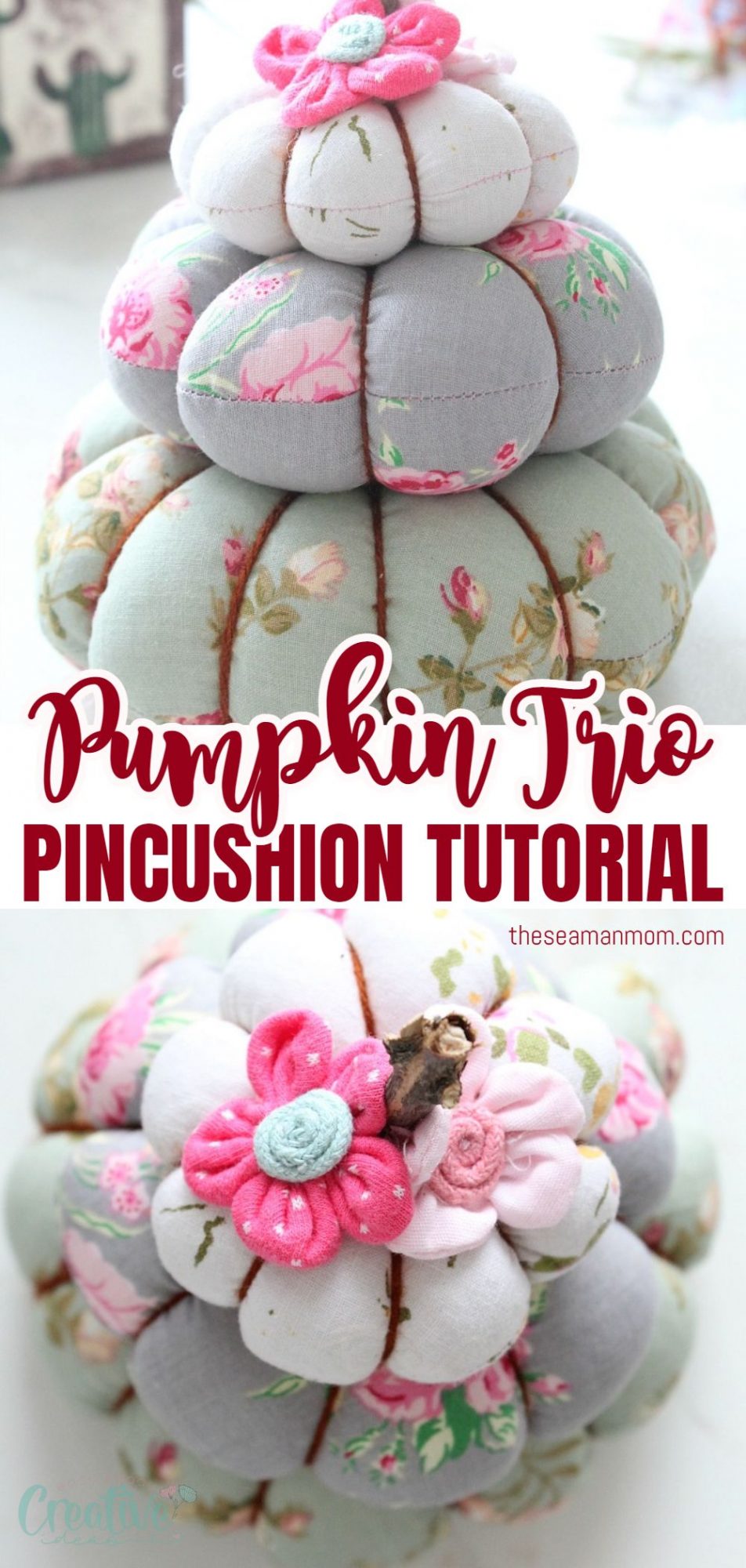 Photo collage of pumpkin pincushion made from three stacks of handmade fabric pumpkins