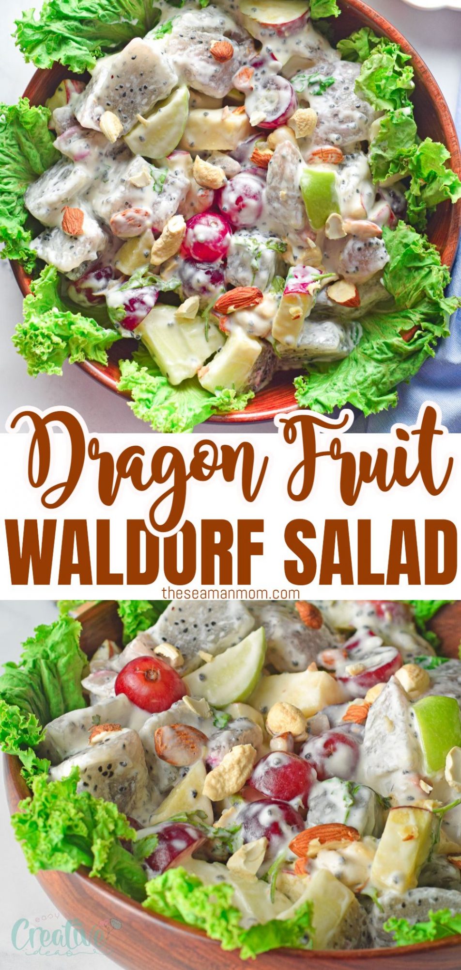 Photo collage of Waldorf salad recipe, on a lettuce bed in a brown bowl