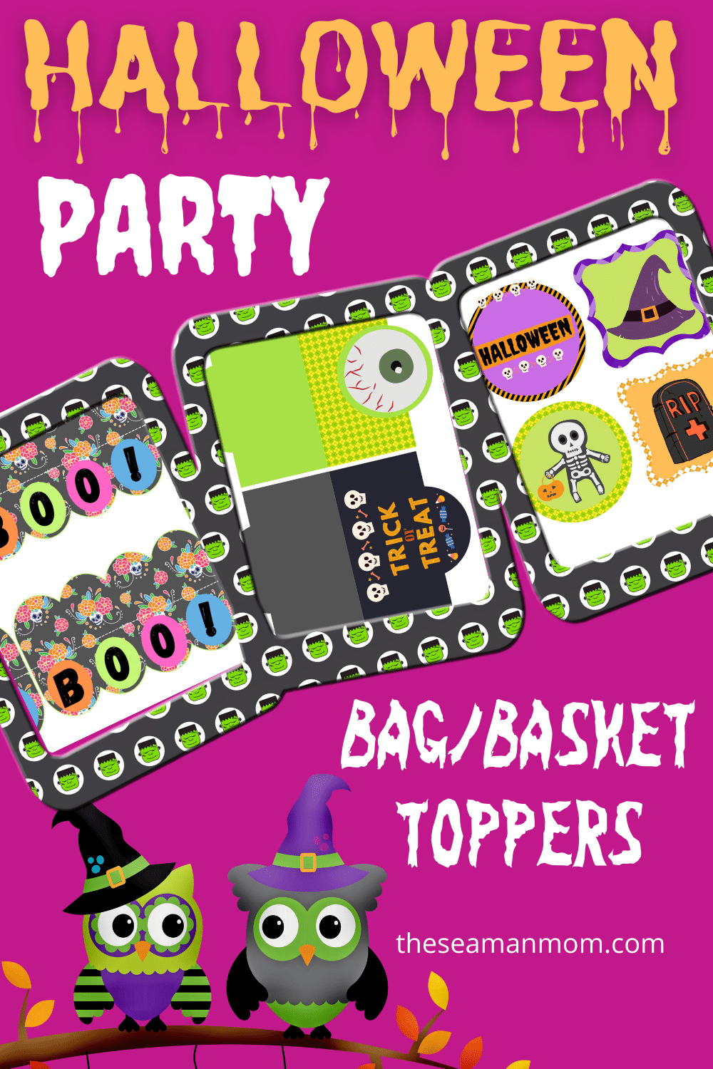 Photo collage of Halloween bag toppers to print at home