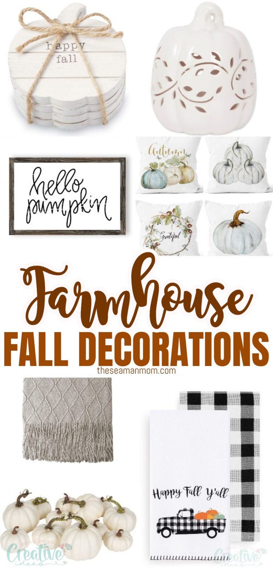 Photo collage featuring farmhouse fall decorations to add to your home decor