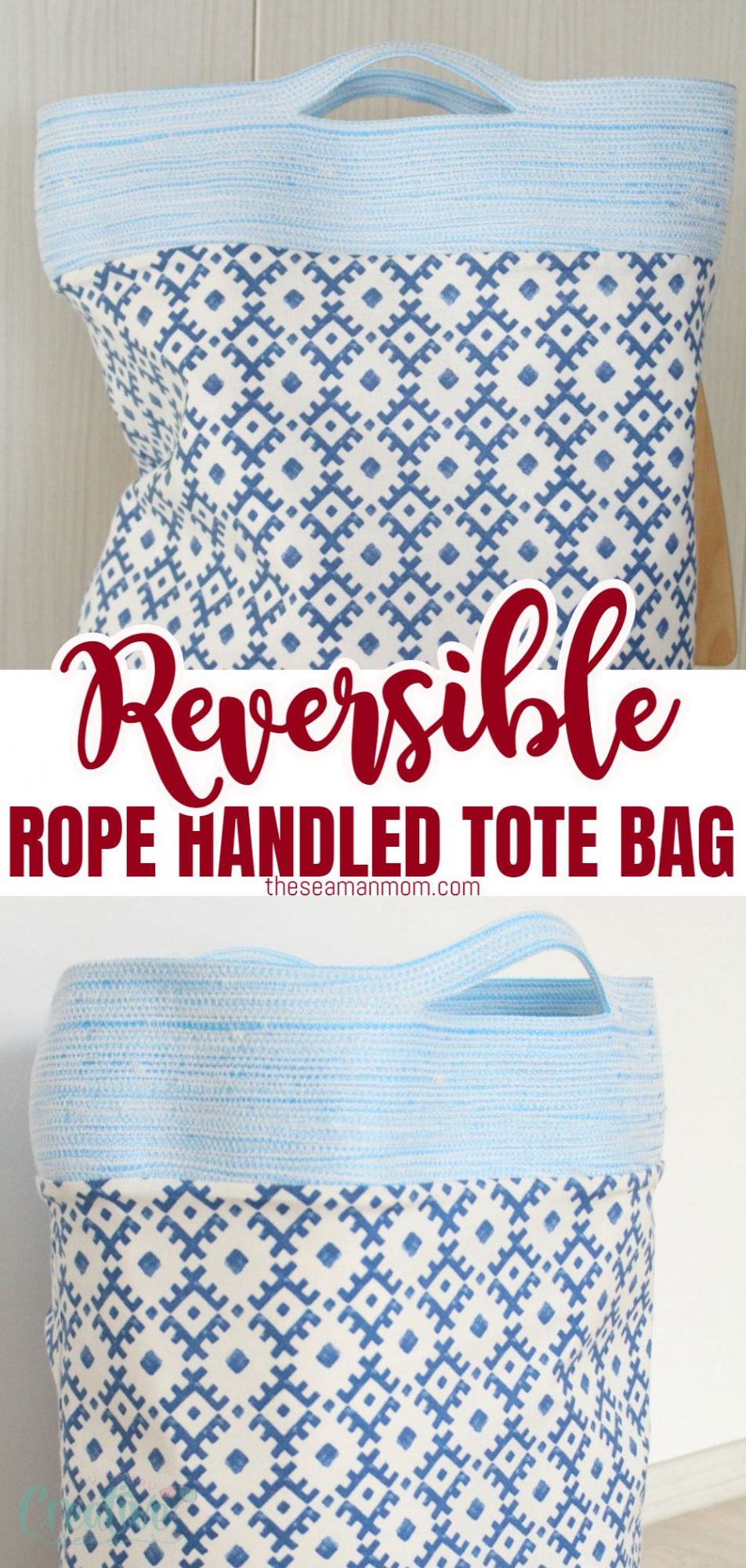 Photo collage of a reversible tote bag with rope handles viewed from the front and the side.