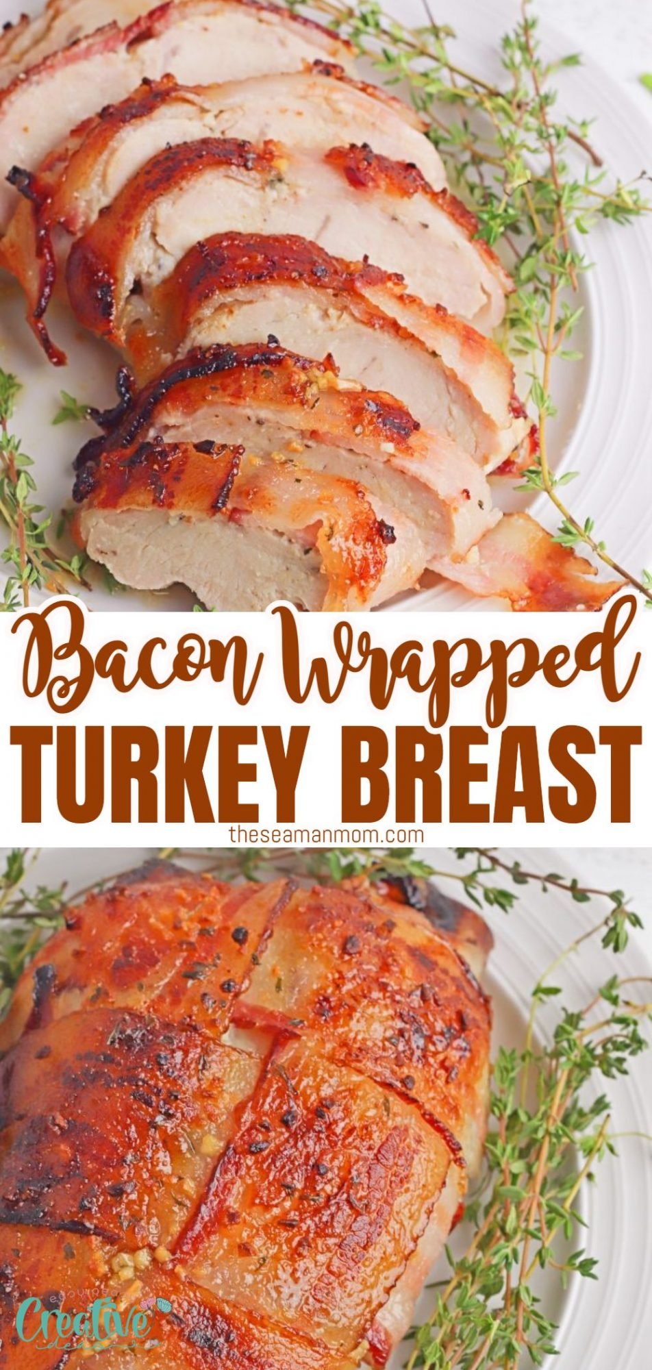 Photo collage of bacon wrapped turkey breast as a whole and sliced on a serving plate