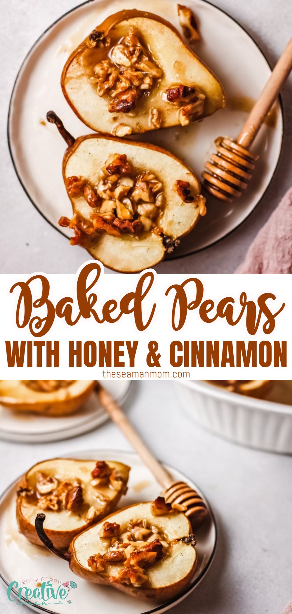 This baked pears recipe only uses four ingredients and is a sweet and easy breakfast or dessert idea! Serve these delicious baked pears with honey, pecans & cinnamon from the oven by themselves or with a spoonful of yogurt or a scoop of ice cream. via @petroneagu