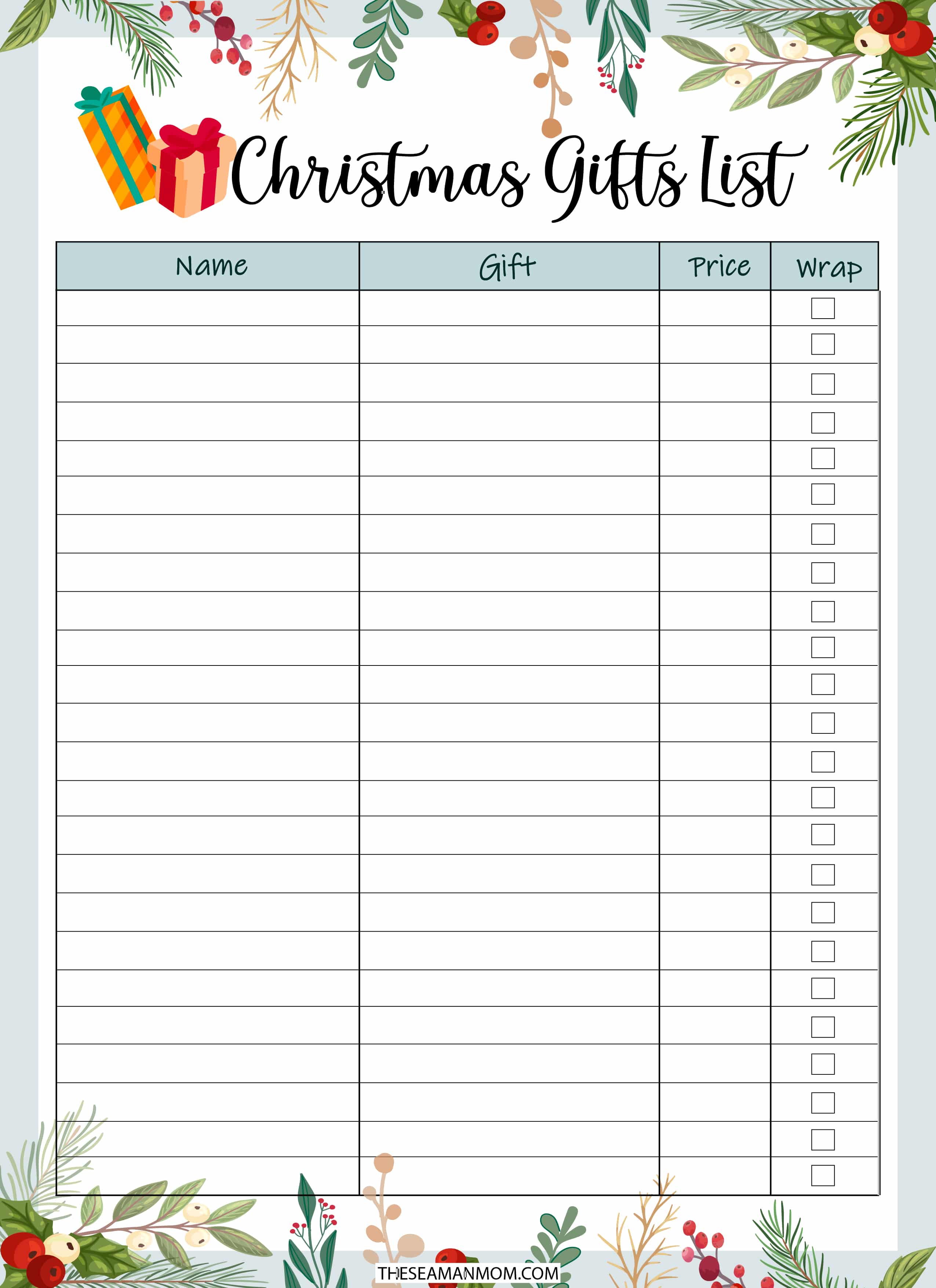 Image of printable Christmas gift list