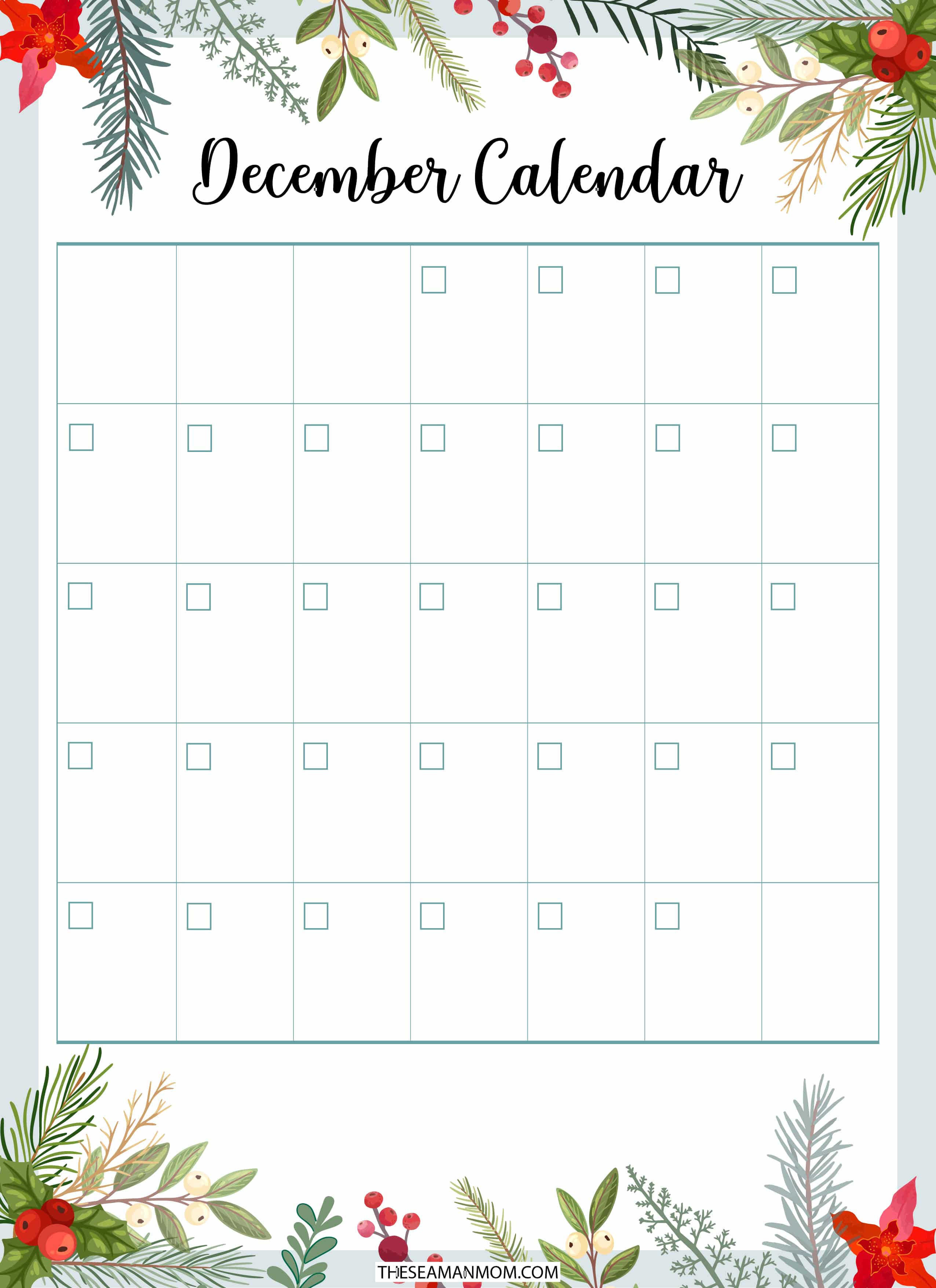 Image of printable December calendar