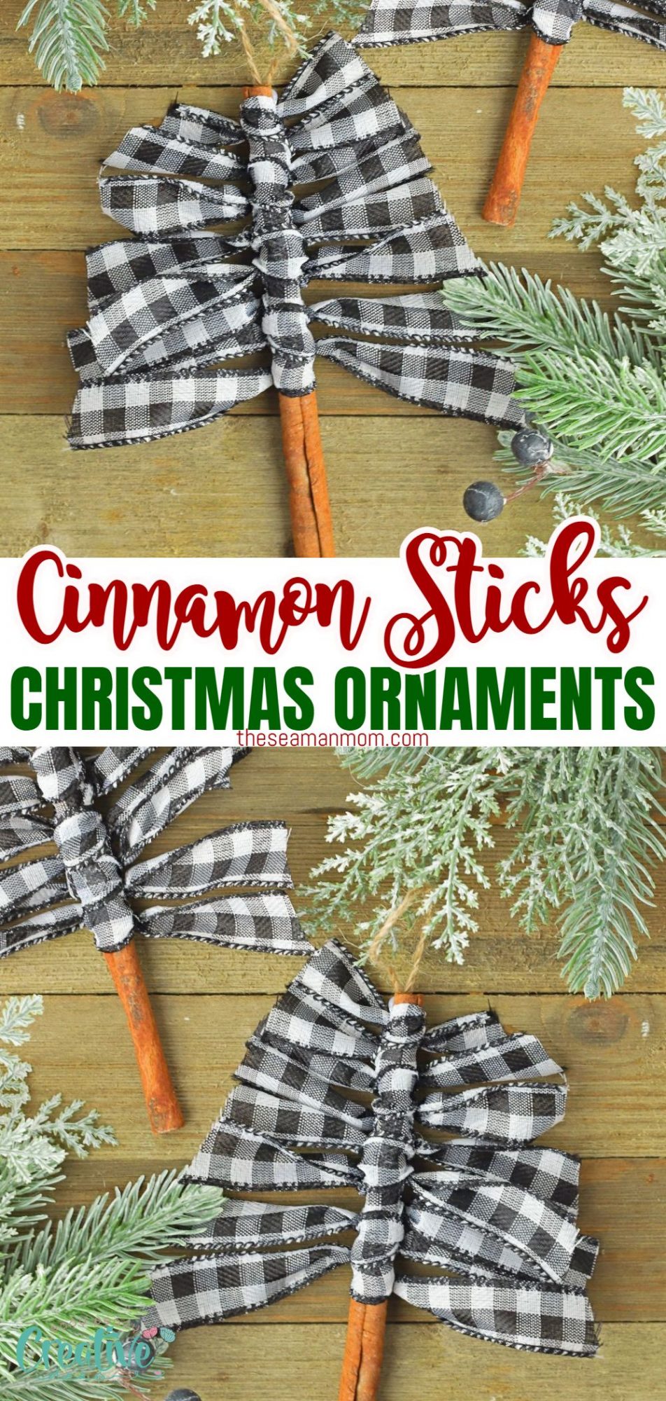 Photo collage of cinnamon stick ornaments to hang in a Christmas tree