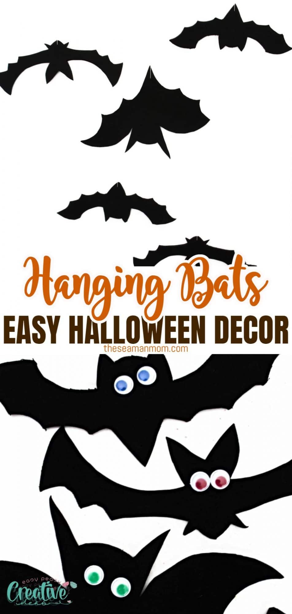 Photo collage of Halloween bat decor with hanging bats made with craft foam