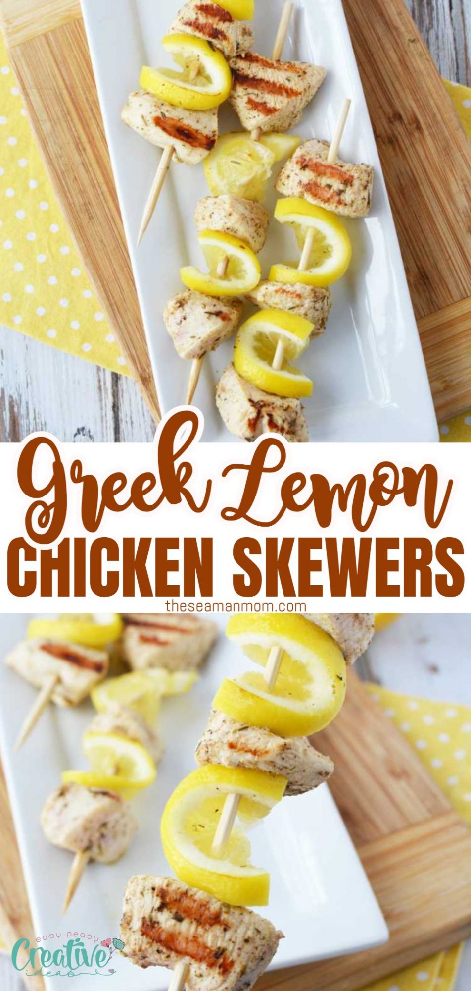 Photo collage of Greek lemon chicken skewers