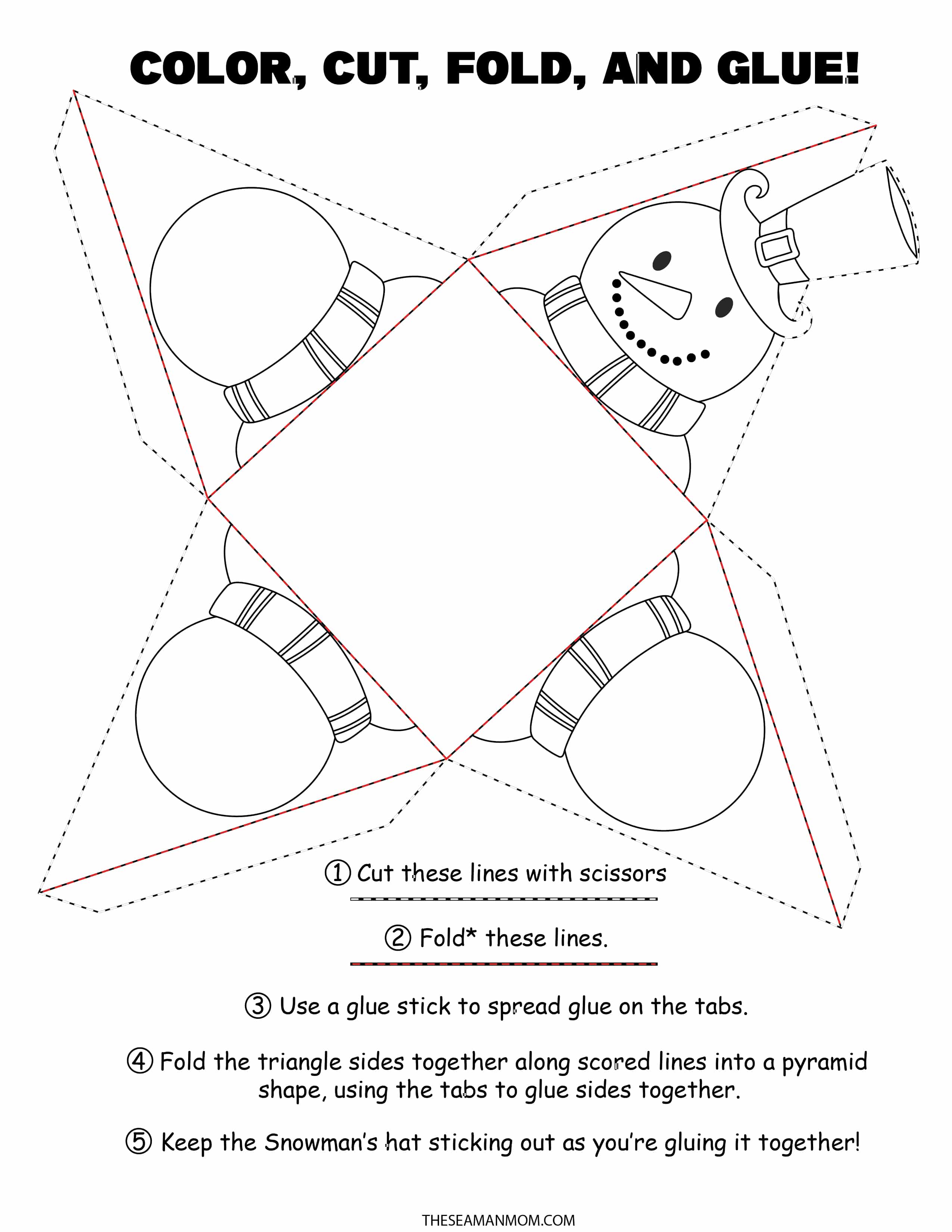 Printable Snowman ornaments to color, cut, fold and glue and make your own tree ornaments