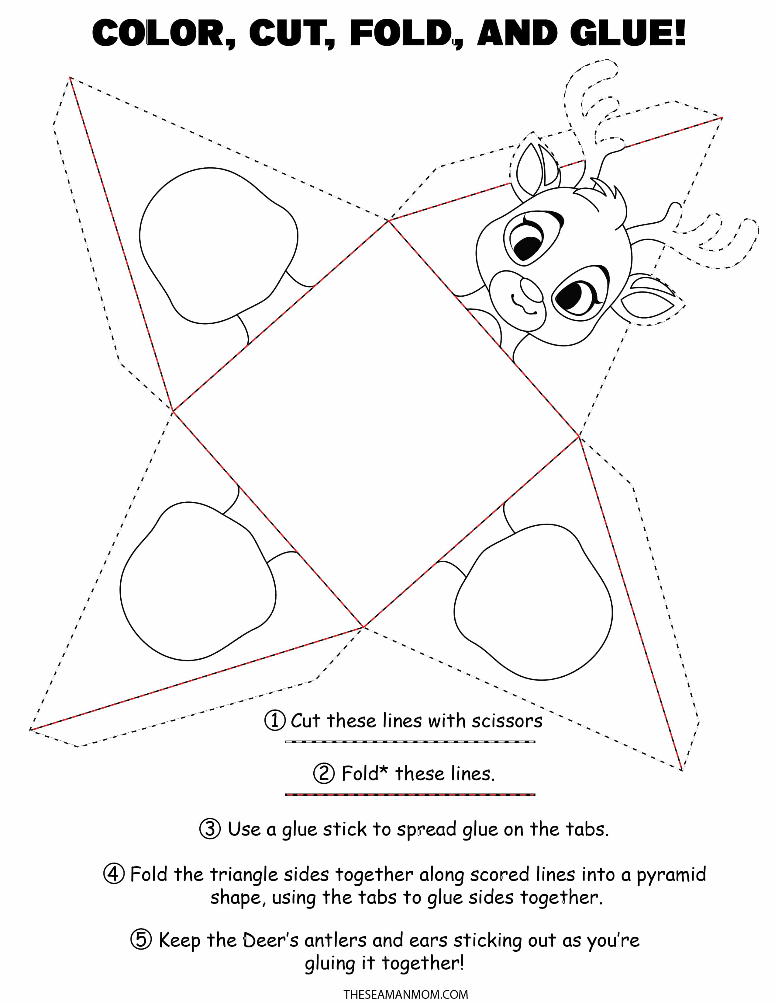 Printable reindeer ornaments to color, cut, fold and glue and make your own tree ornaments