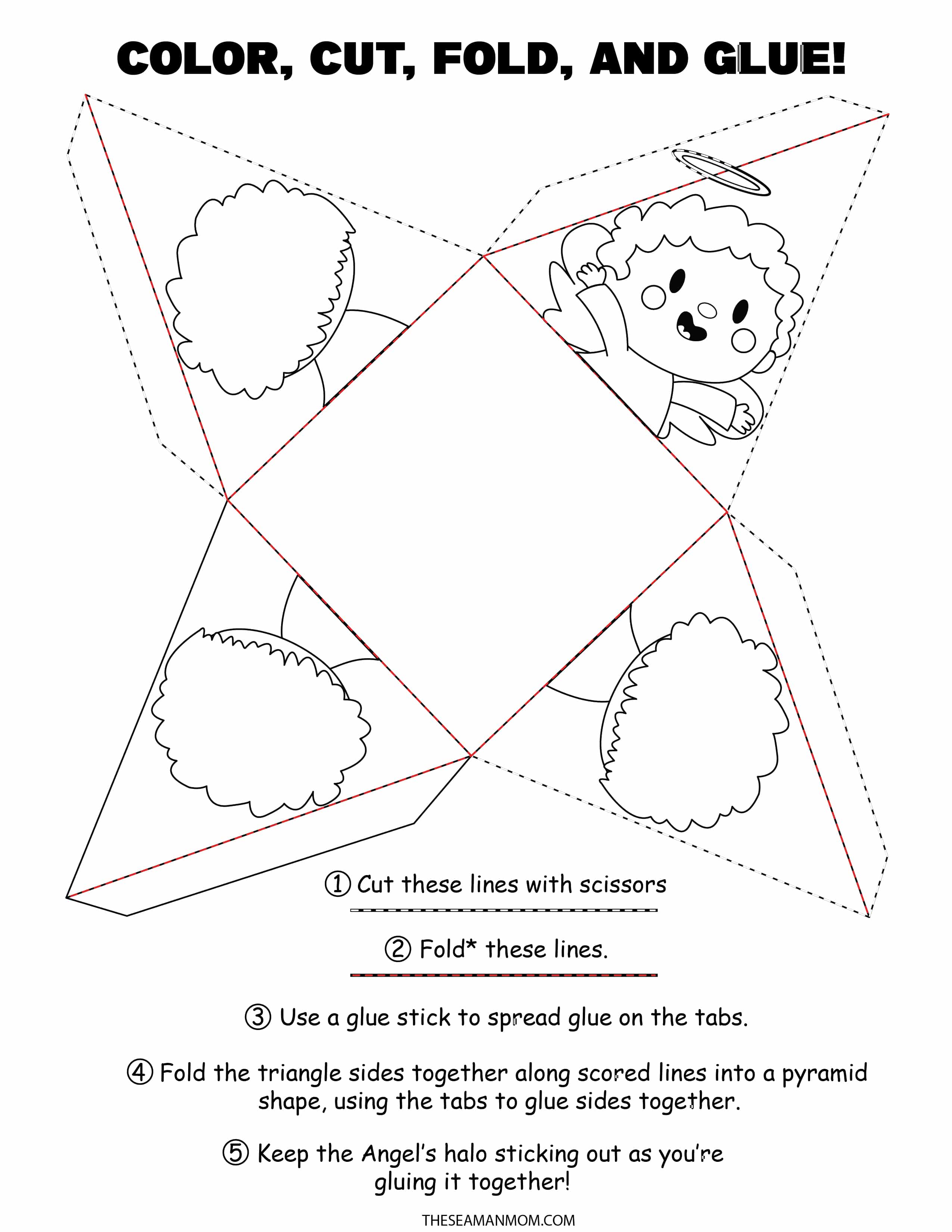 Printable angel ornaments to color, cut, fold and glue and make your own tree ornaments