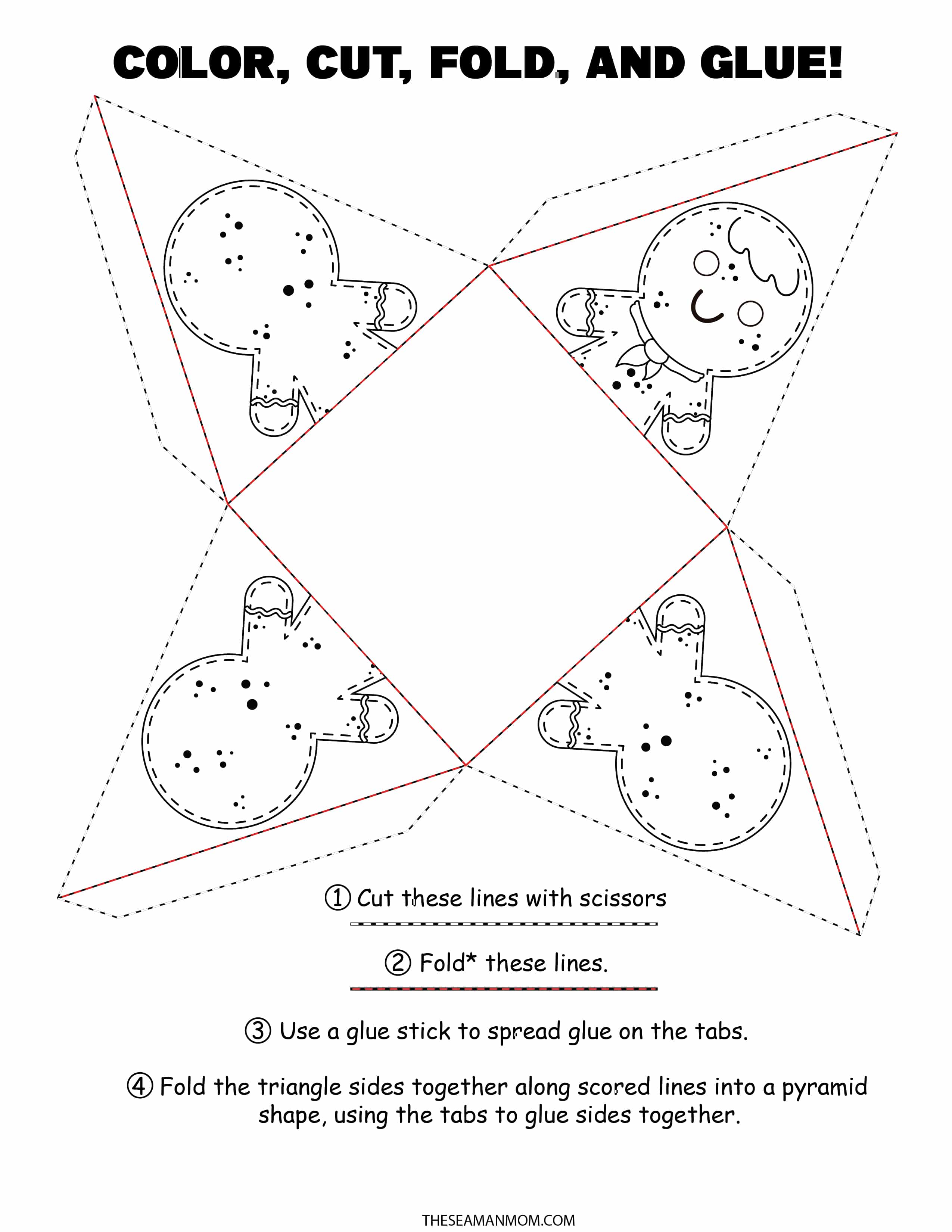 Printable gingerbread man ornaments to color, cut, fold and glue and make your own tree ornaments