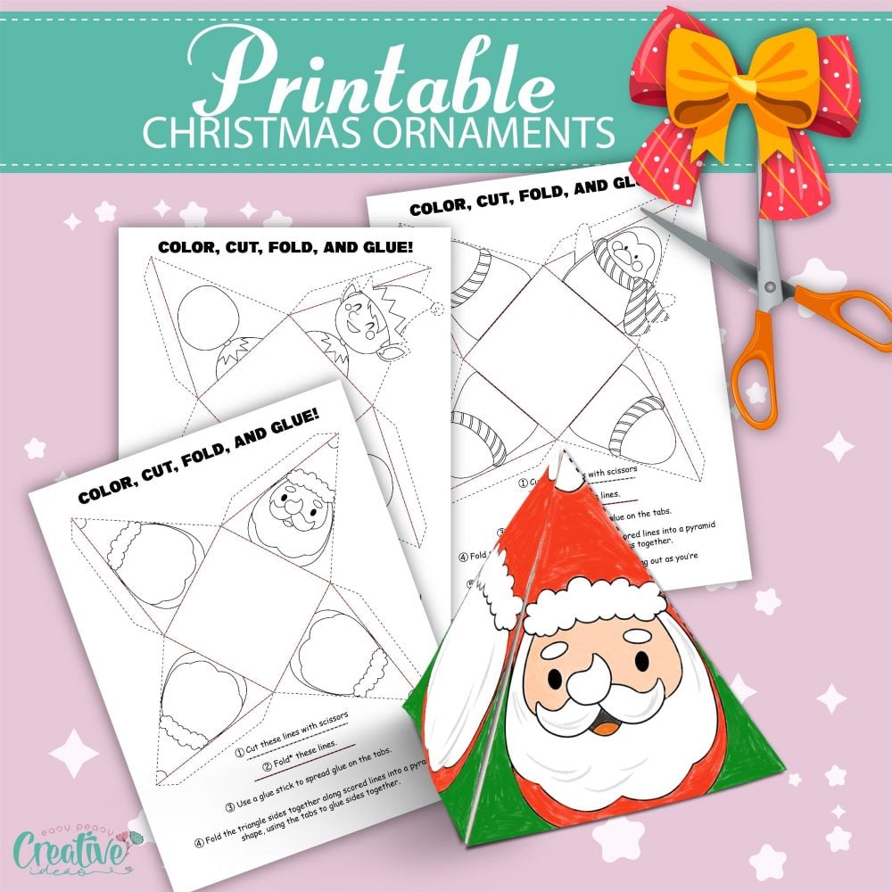 Photo collage of printable Christmas decorations to color, cut, fold and glue to make your own ornaments