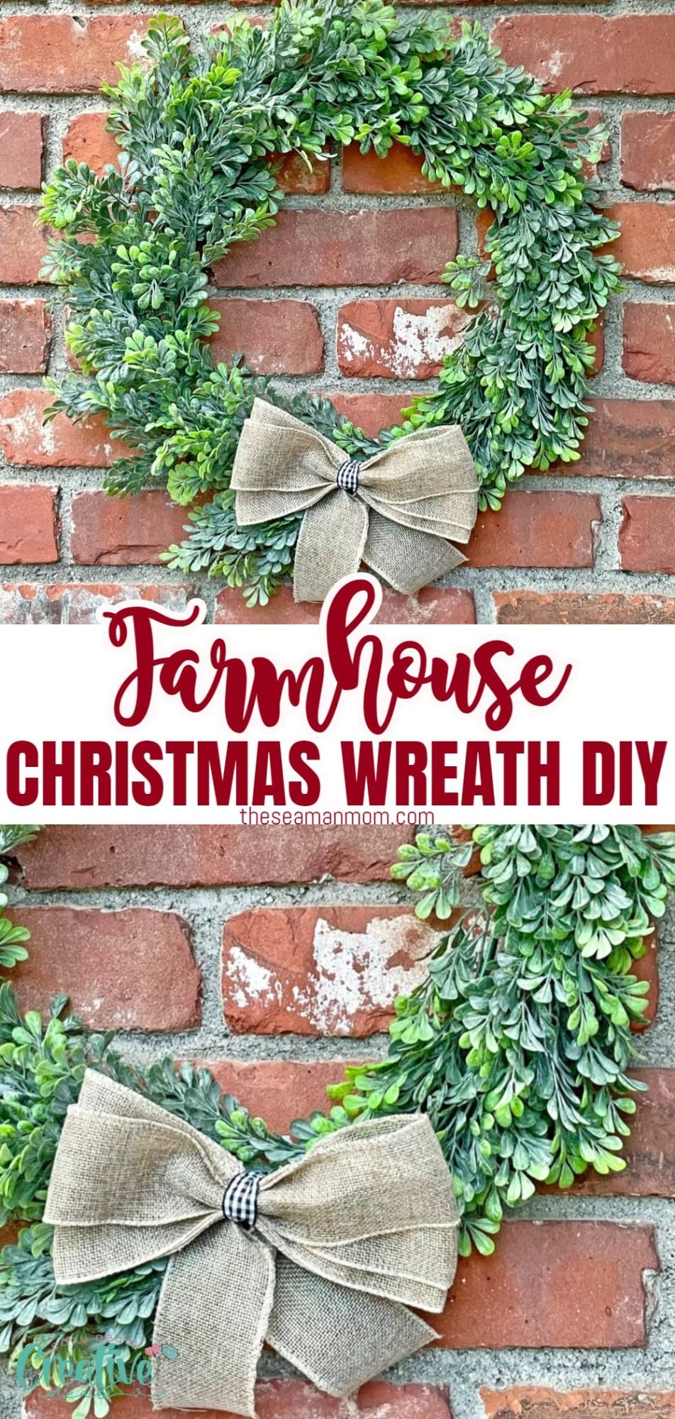 Photo collage of farmhouse style DIY Christmas wreath with fake boxwood