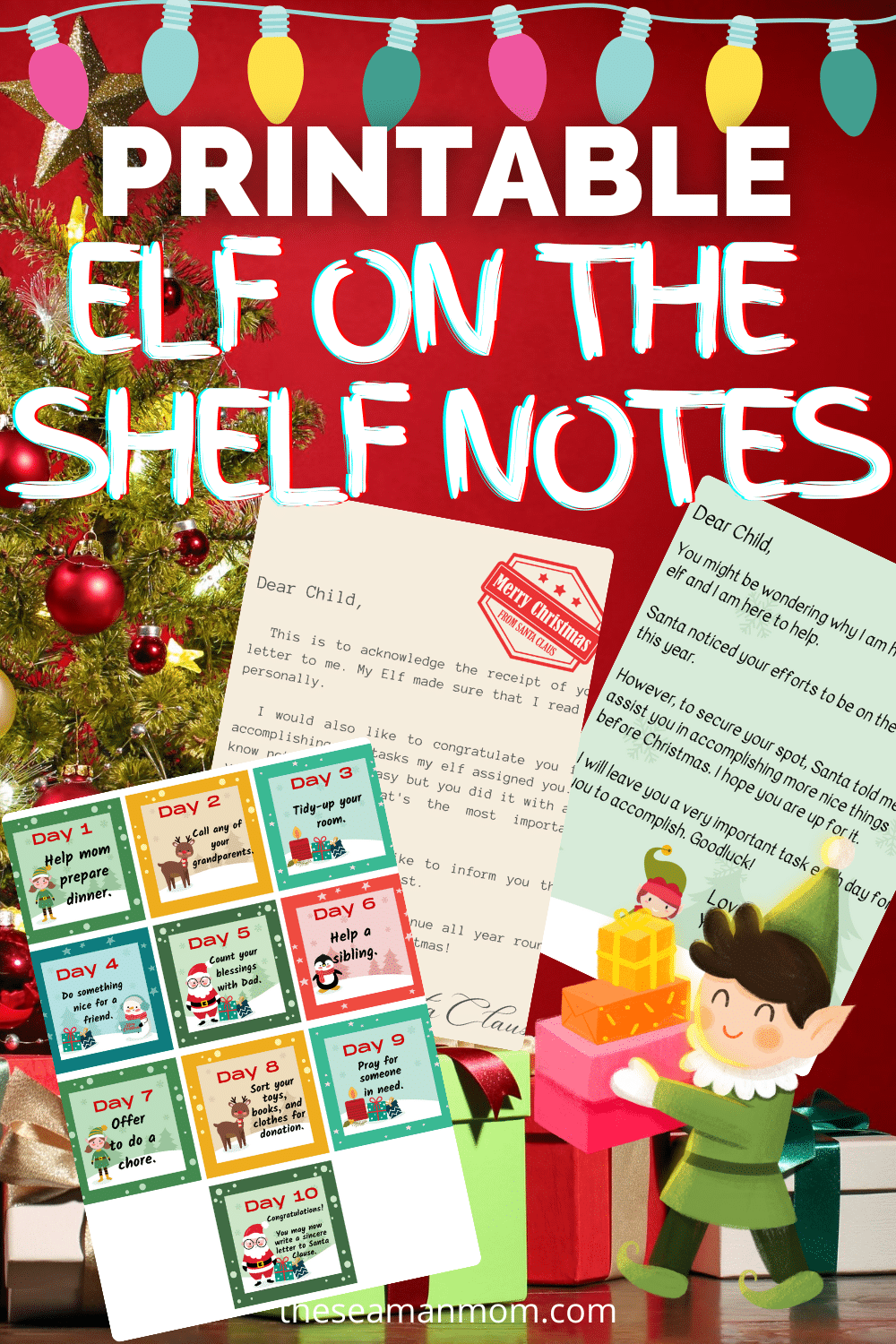 Photo collage of Elf on the shelf printable notes and tasks