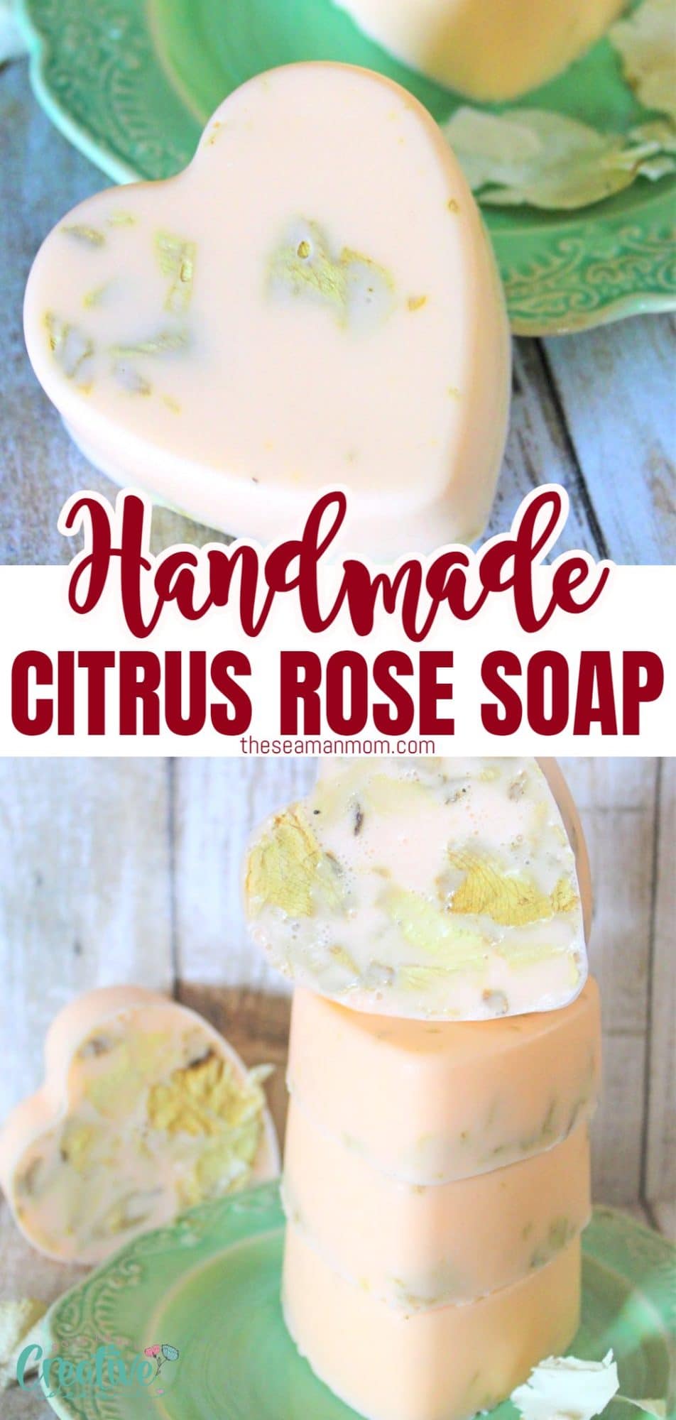 Photo collage of handmade rose soap with rose petals