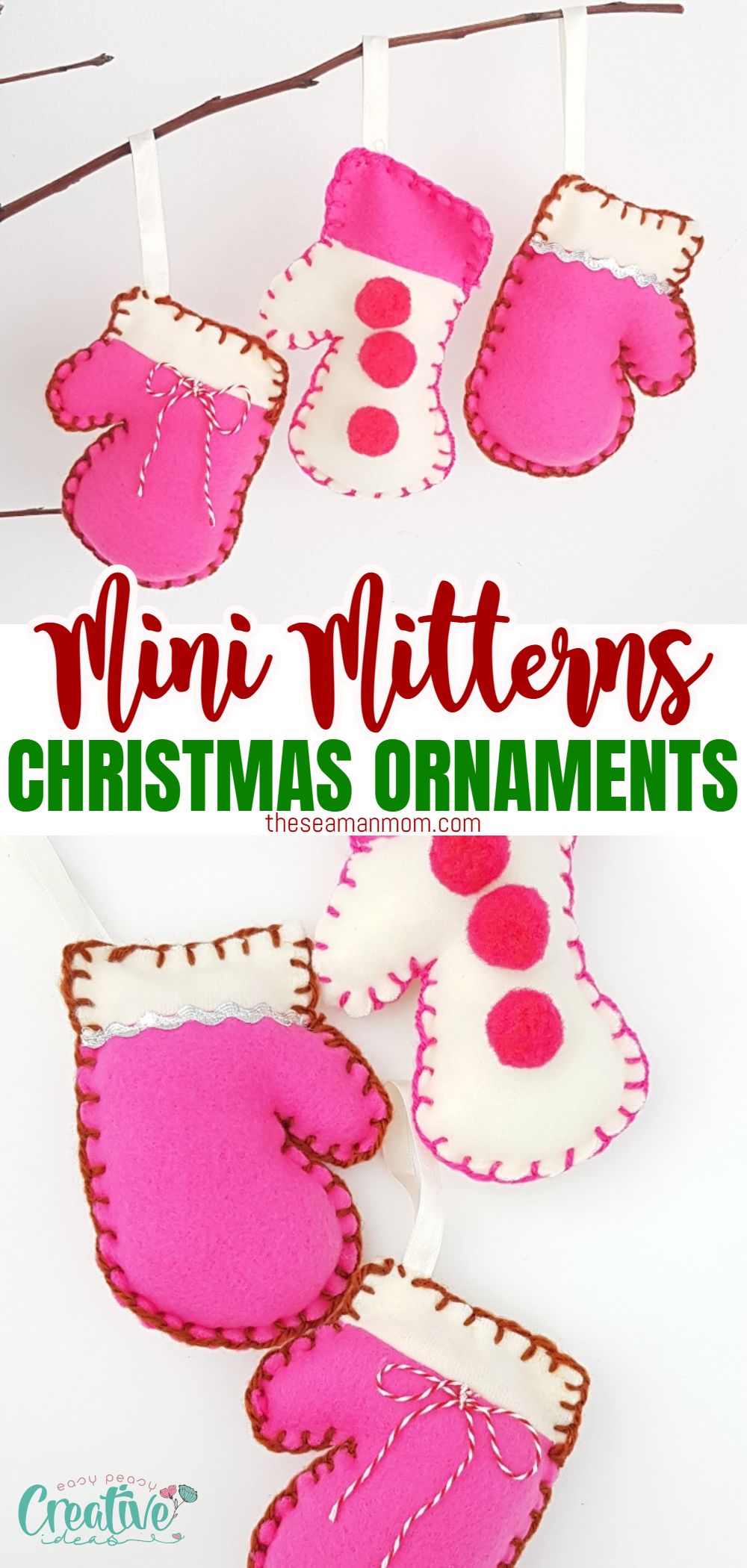 I love how adorable these mitten ornaments are! They'll add so much warmth to your Christmas décor, they're crazy easy to make and not to mention these mitten Christmas ornaments are perfect for using up fabric scraps! via @petroneagu