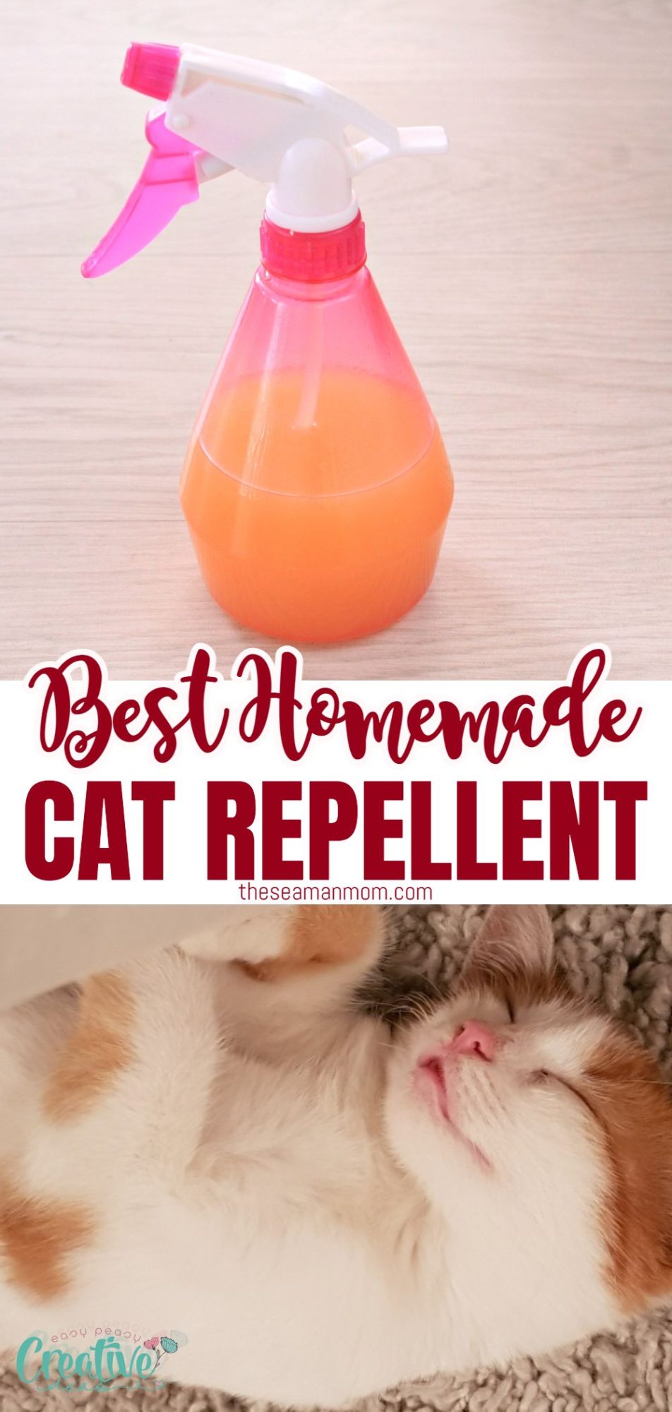 Photo collage featuring a DIY cat repellent spray and a sleeping cat