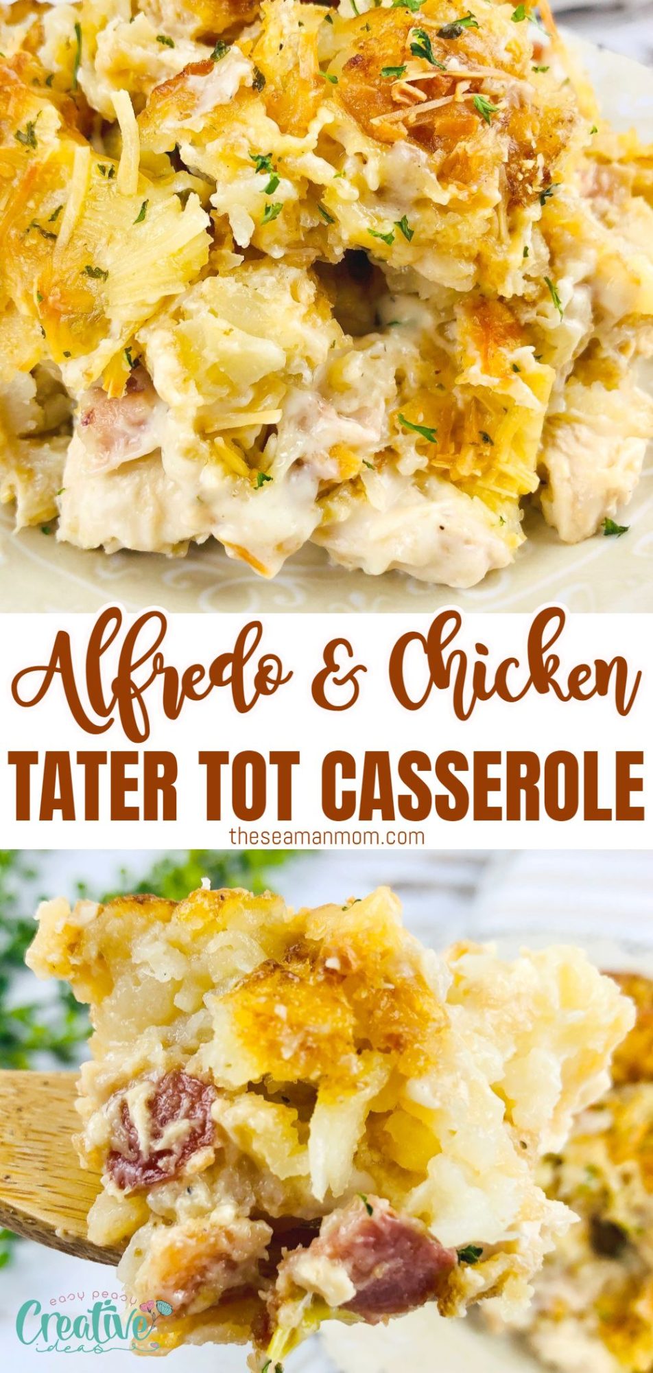 Photo collage of chicken tater tot casserole with Alfredo sauce