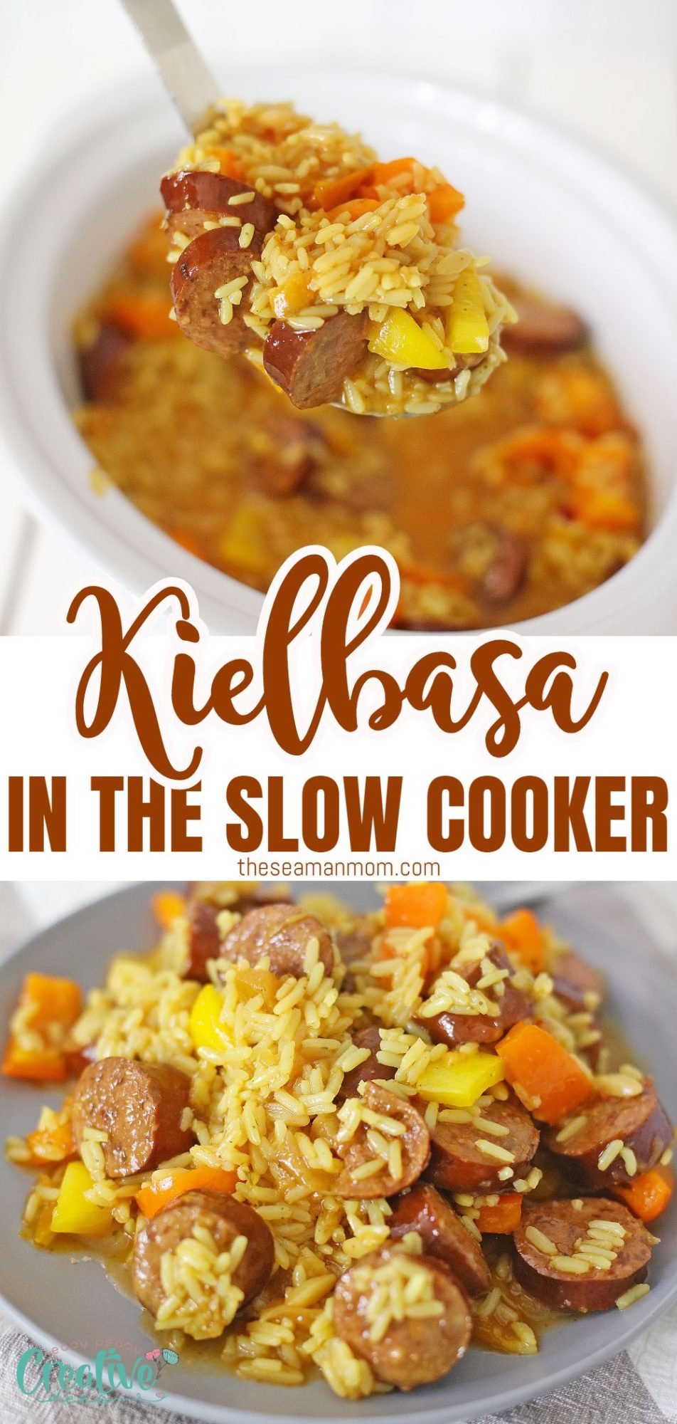 Photo collage of sweet and sour crock pot kielbasa