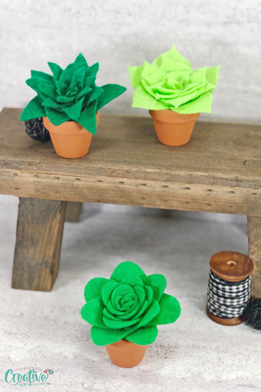Image of three DIY felt succulents "planted" in mini terracotta pots