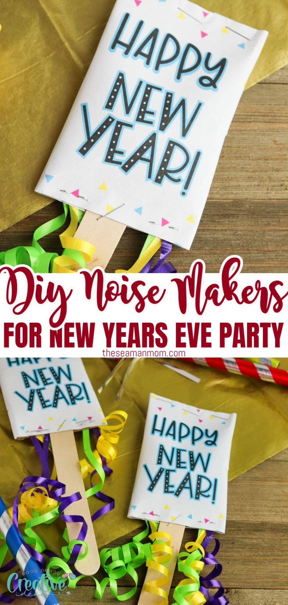 Photo collage of DIY noise makers from toilet paper rolls and popsicle sticks