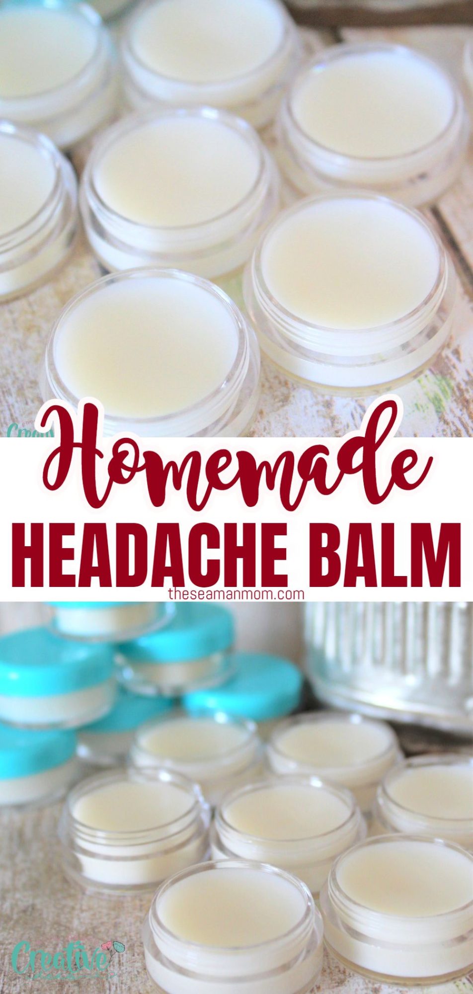 Photo collage of homemade headache balm in small jars