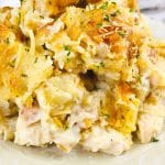 Closeup image of tater tot casserole with chicken and Alfredo sauce