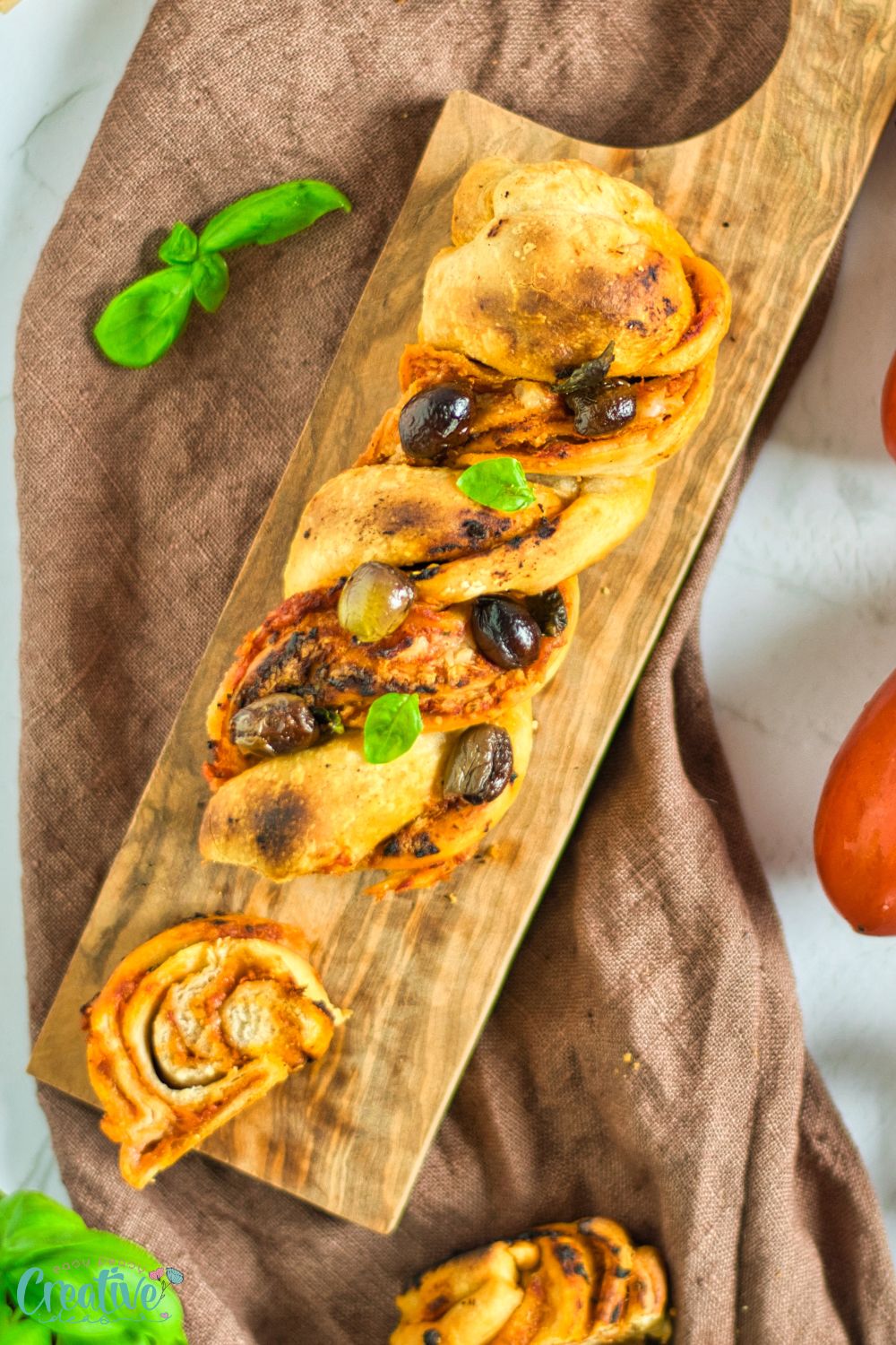 Over head image of a loaf of babka pizza recipe