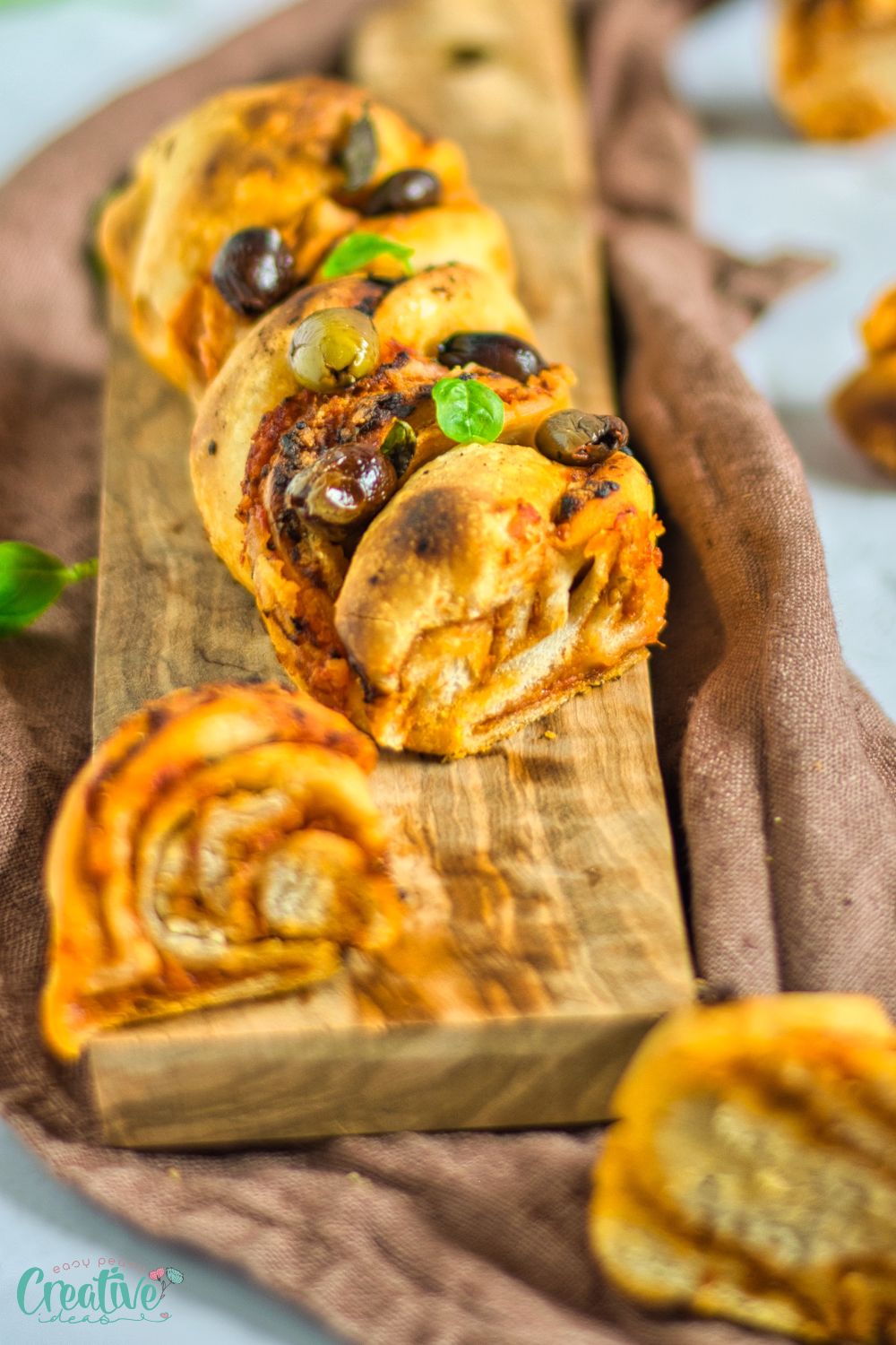 Close up image of a loaf of babka pizza bread