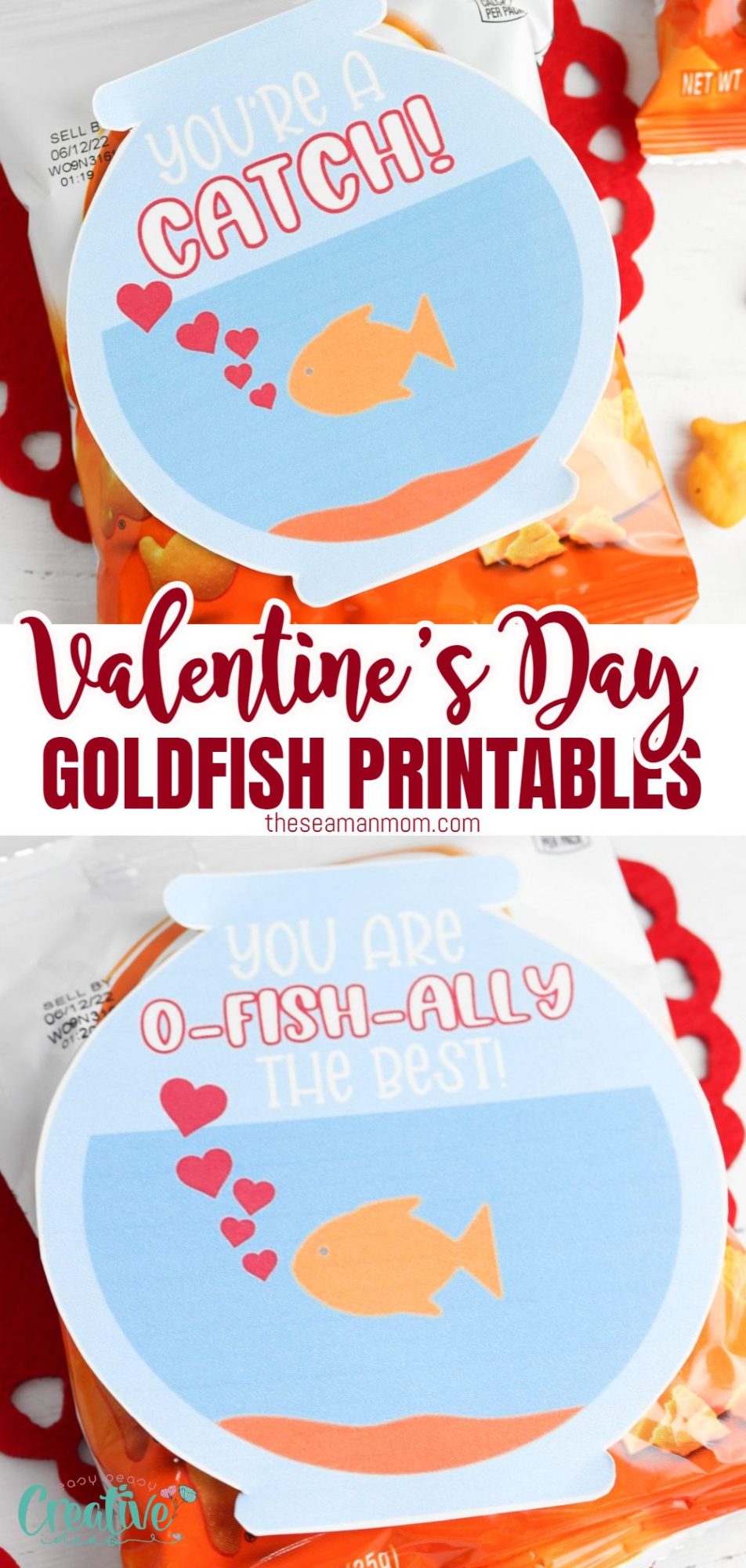 Photo collage of Goldfish Valentines printable cards