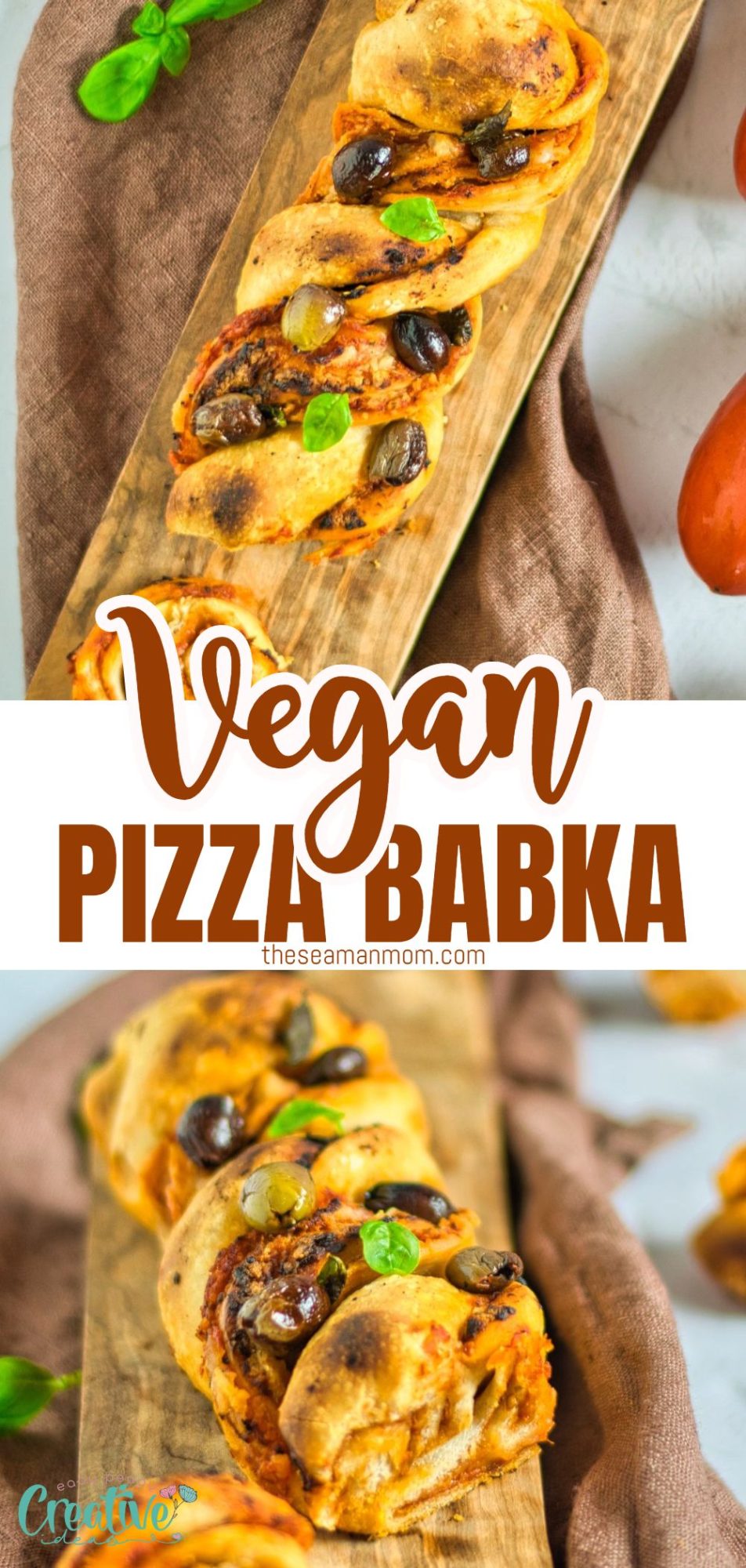 Photo collage of vegan pizza babka