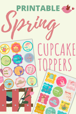 Photo collage of printable cupcake toppers for Spring