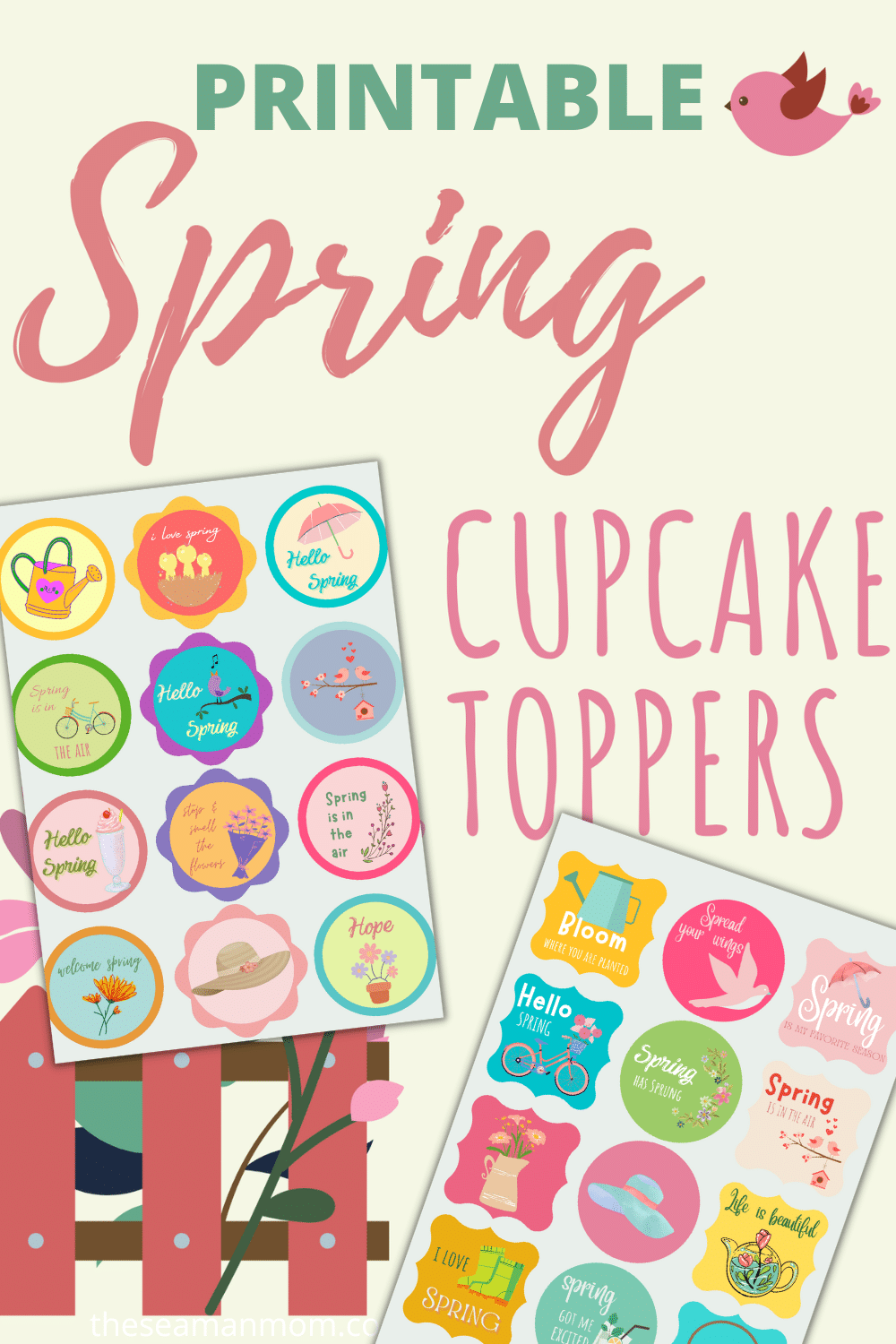 Photo collage of printable cupcake toppers for Spring