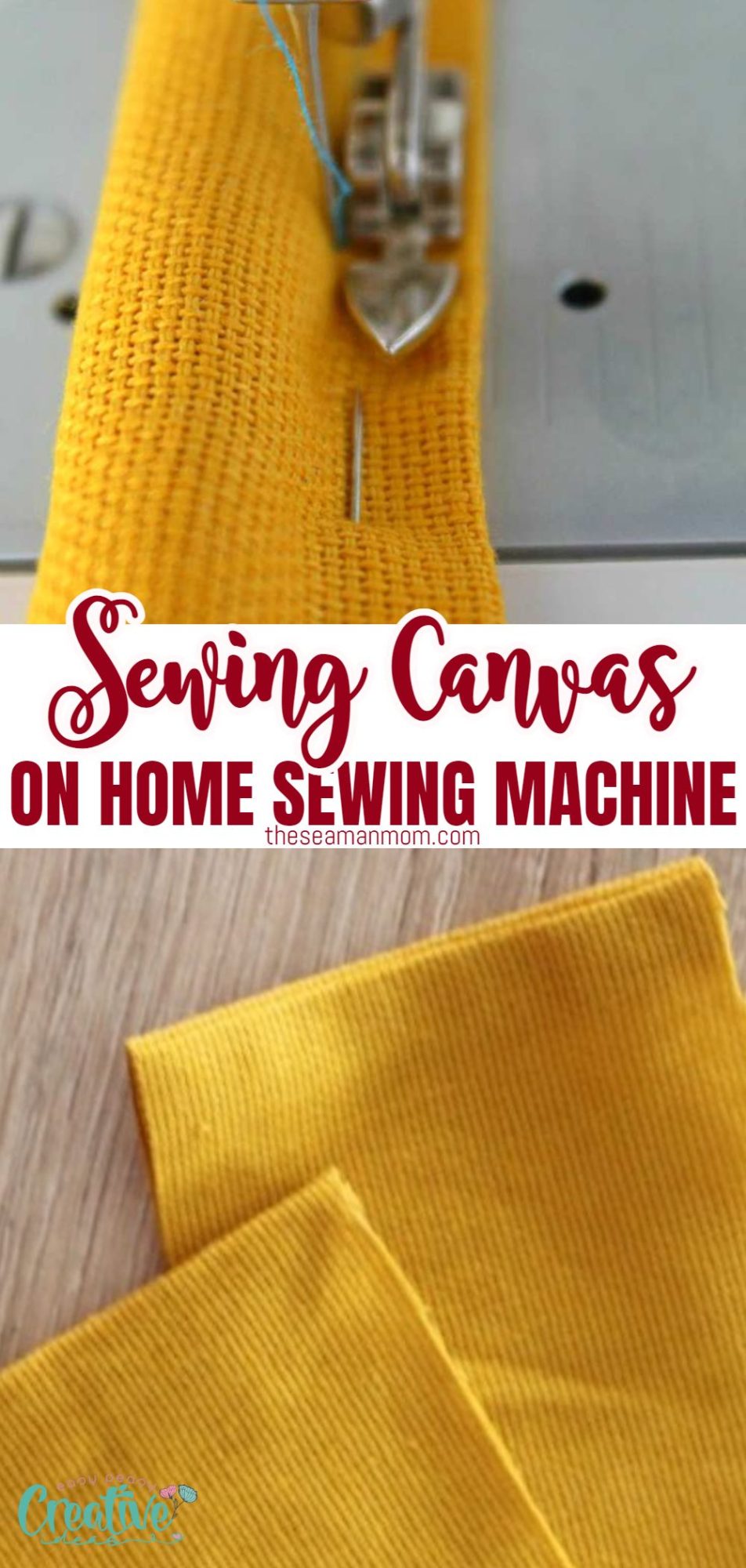 Photo collage illustrating tips for sewing canvas with a home sewing machine