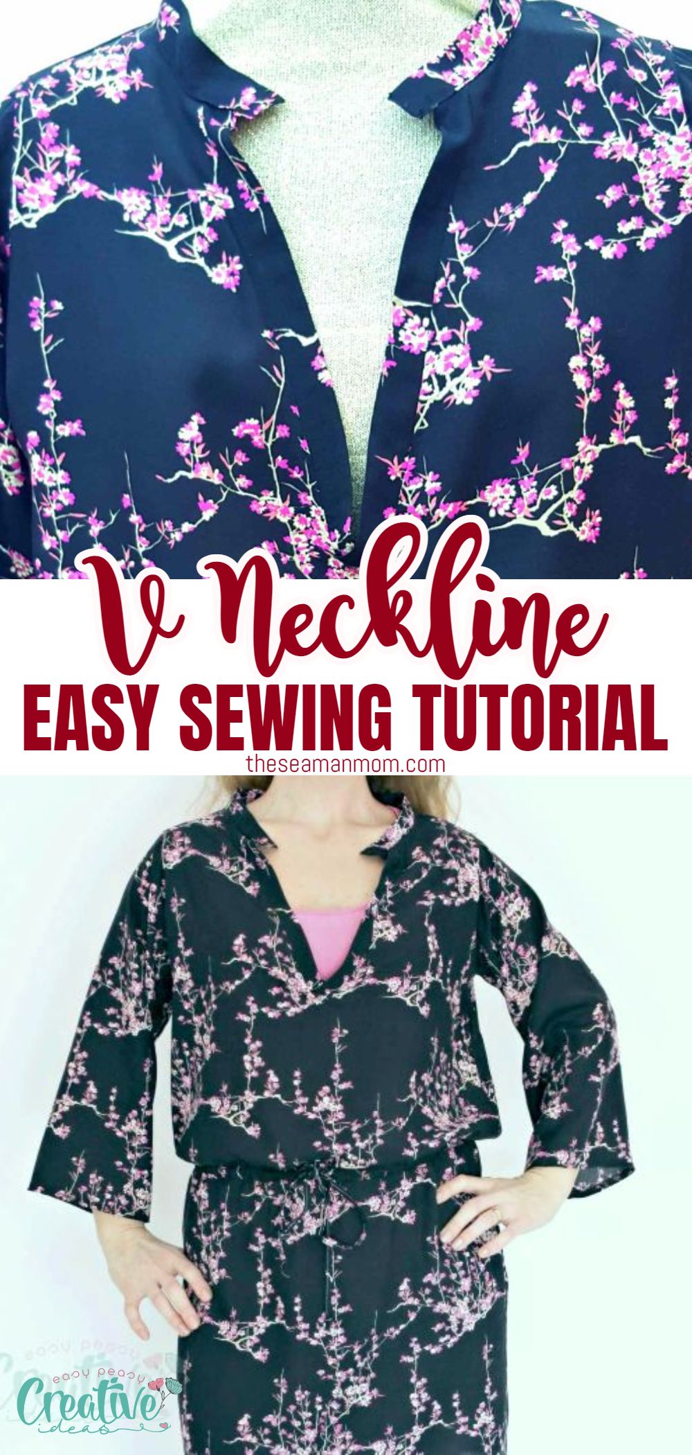 V neck sewing may seem complicated because of the tricky, pointy shape! Here you'll learn how to sew a v neck on a dress or a blouse the easiest and simplest way! via @petroneagu