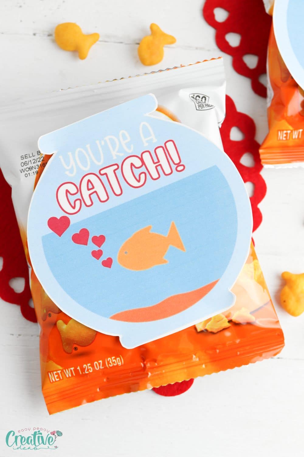 Image of Valentine Goldfish printable to attach to a goodie bag for Valentine's day