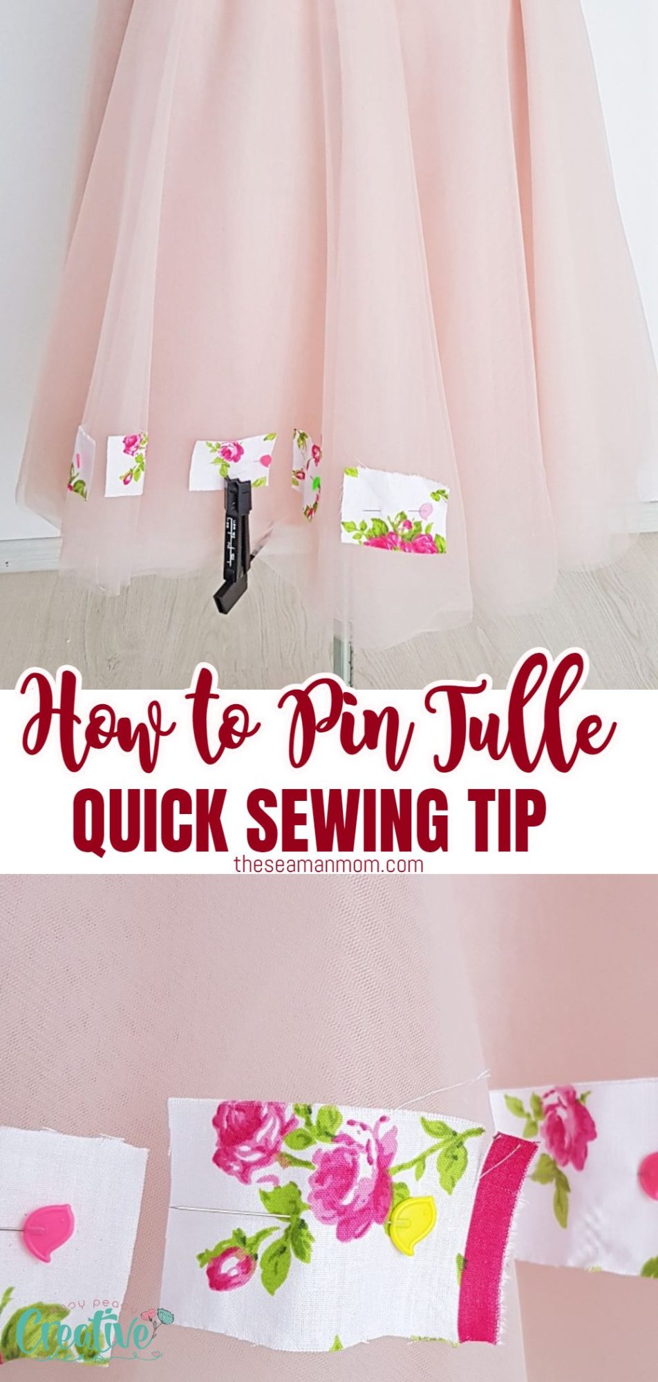 Photo collage of a tulle skirt pinned with fabric scraps that illustrate how to pin tulle fabric properly