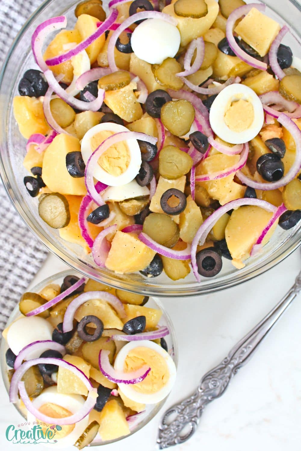 Over head image of potato salad made in the Instant Pot, in the Mediterranean style