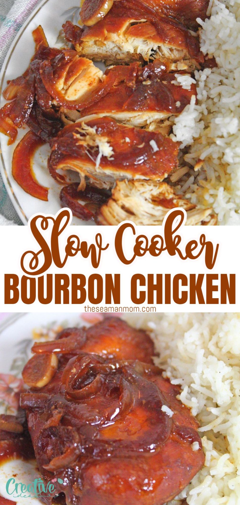 Photo collage of slow cooker bourbon chicken