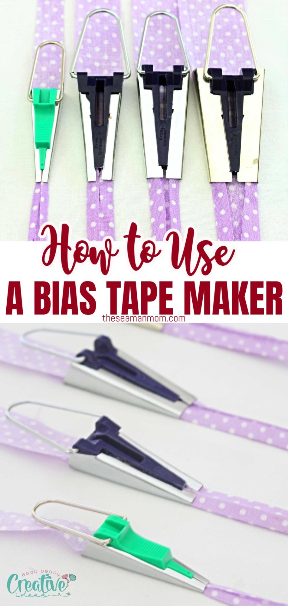 Photo collage of bias maker tools used in this tutorial for illustrating how to use a bias tape maker