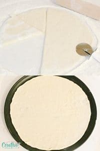 Photo collage of thin crust pizza dough