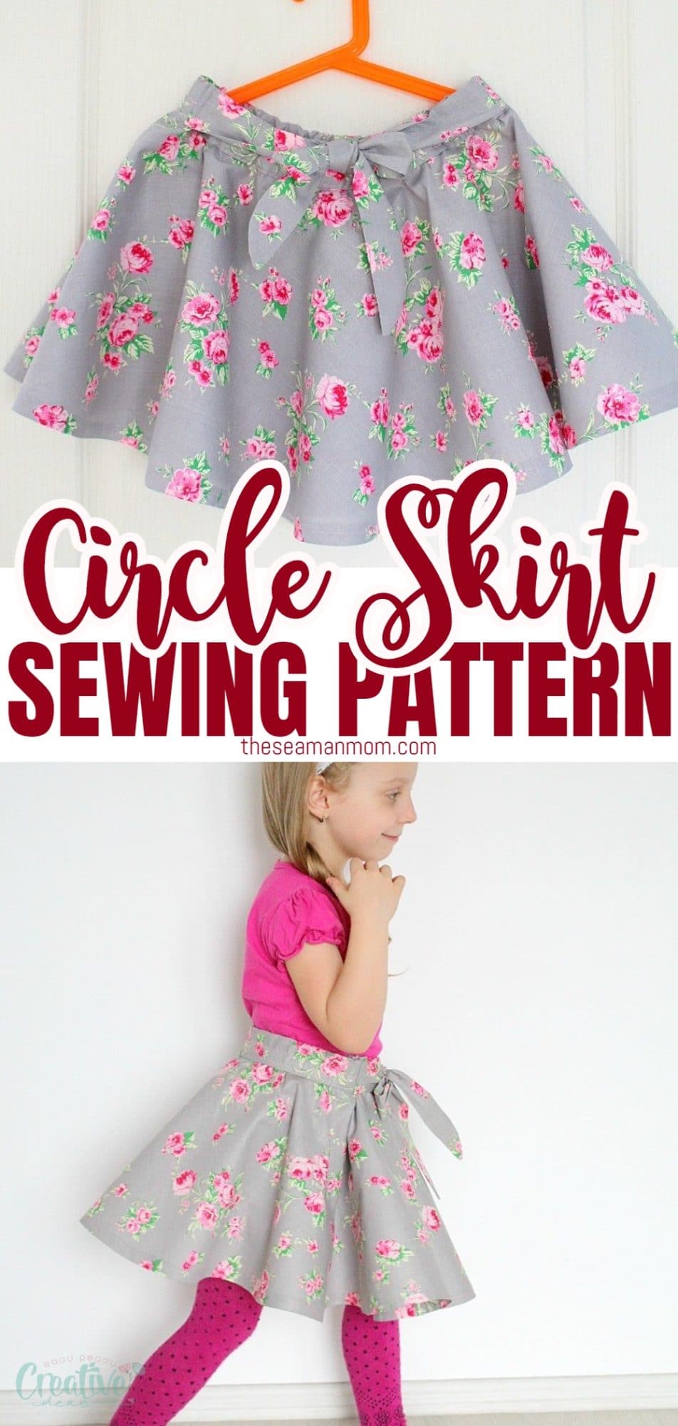 Photo collage of a circle skirt with elastic waistband, made from a handmade circle skirt pattern