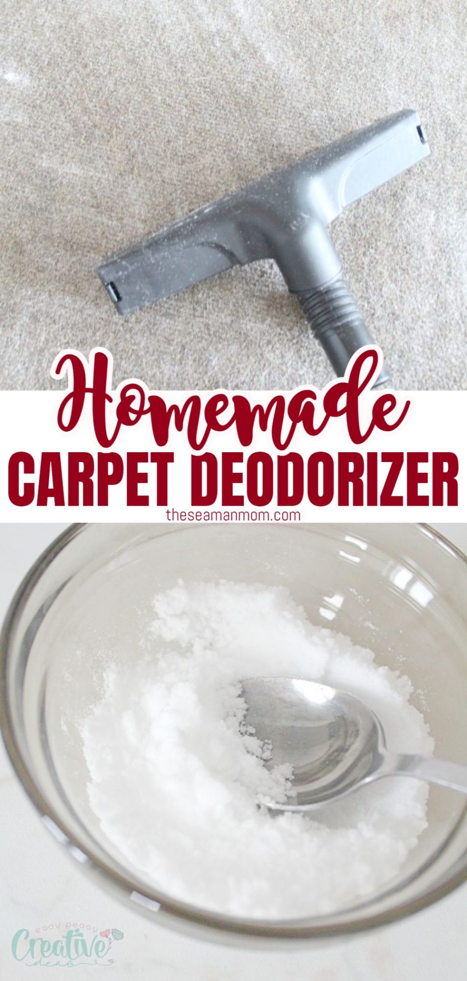 photo collage of DIY carpet deodorizer in a bowl and sprinkled on a carpet