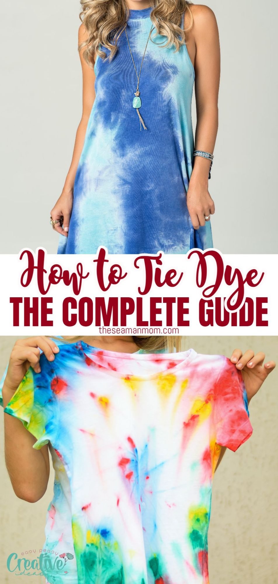 Photo collage of tie dyed clothing items illustrating various techniques for how to tie dye at home