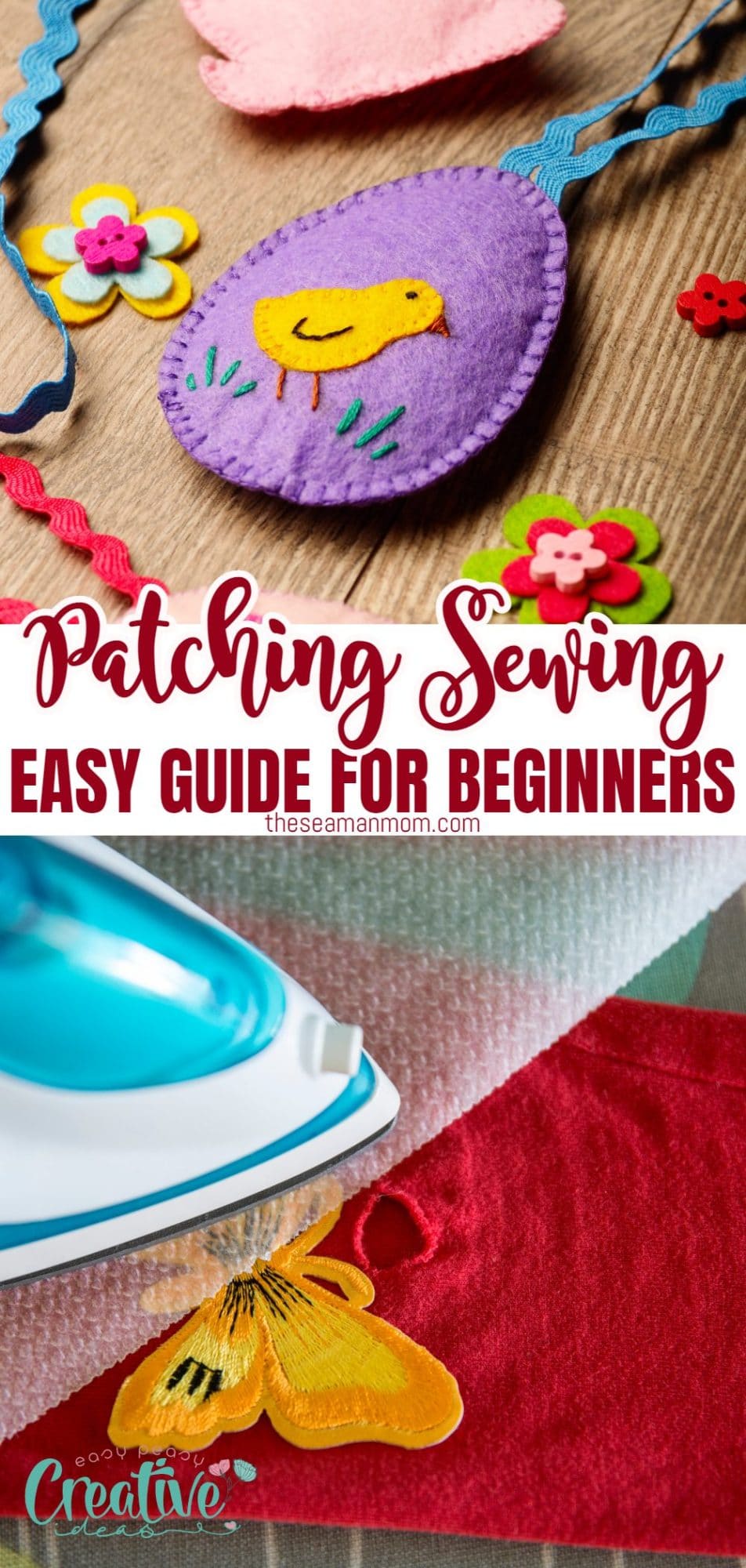 Photo collage of different types of patches illustrated in a patching sewing guide for beginners