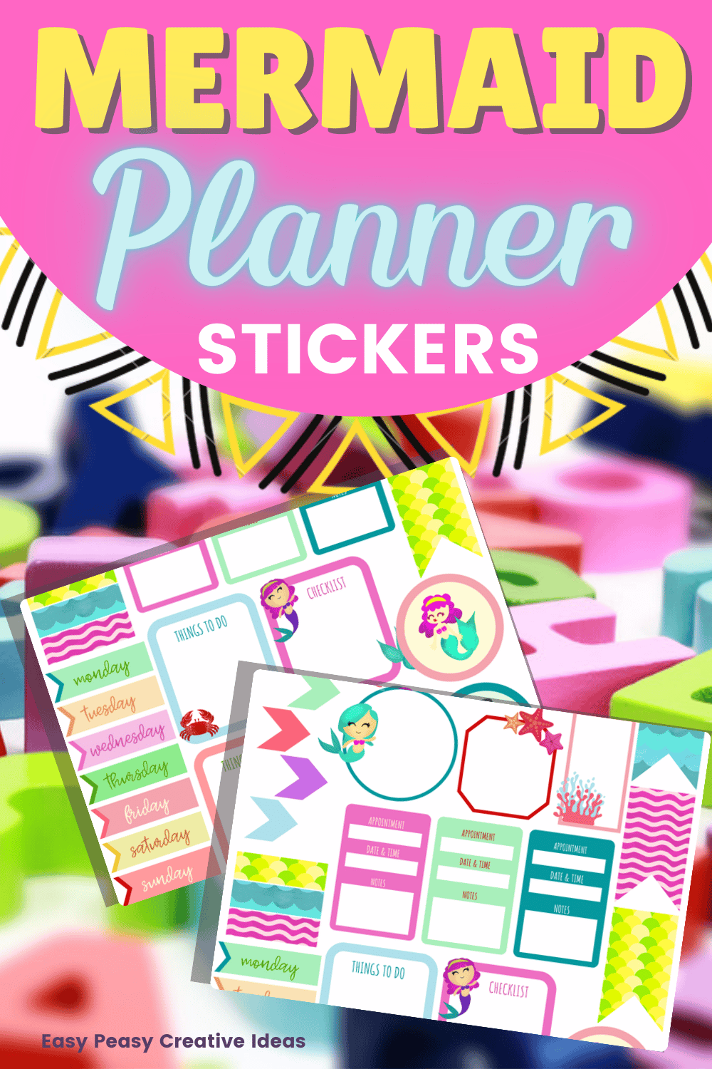 Photo collage of mermaid stickers for planners