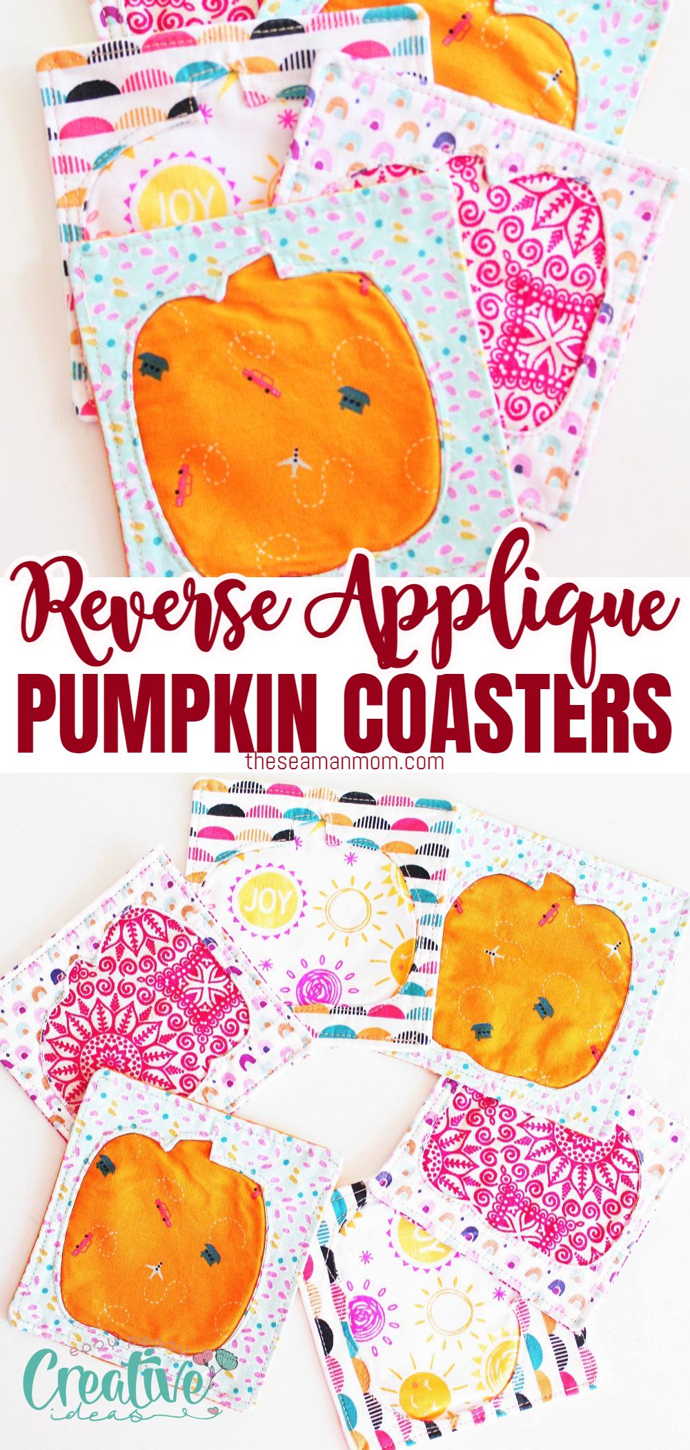 This fun reverse applique sewing tutorial will show you how to make some cute pumpkin coasters for your fall table décor. This easy applique technique is a great way to add a little bit of color and pattern to your home for the autumn season. Plus, they make a great gift for any hostess or pumpkin lover in your life! Great project for scraps, these cute fabric coasters would make a lovely addition to a fall party! via @petroneagu
