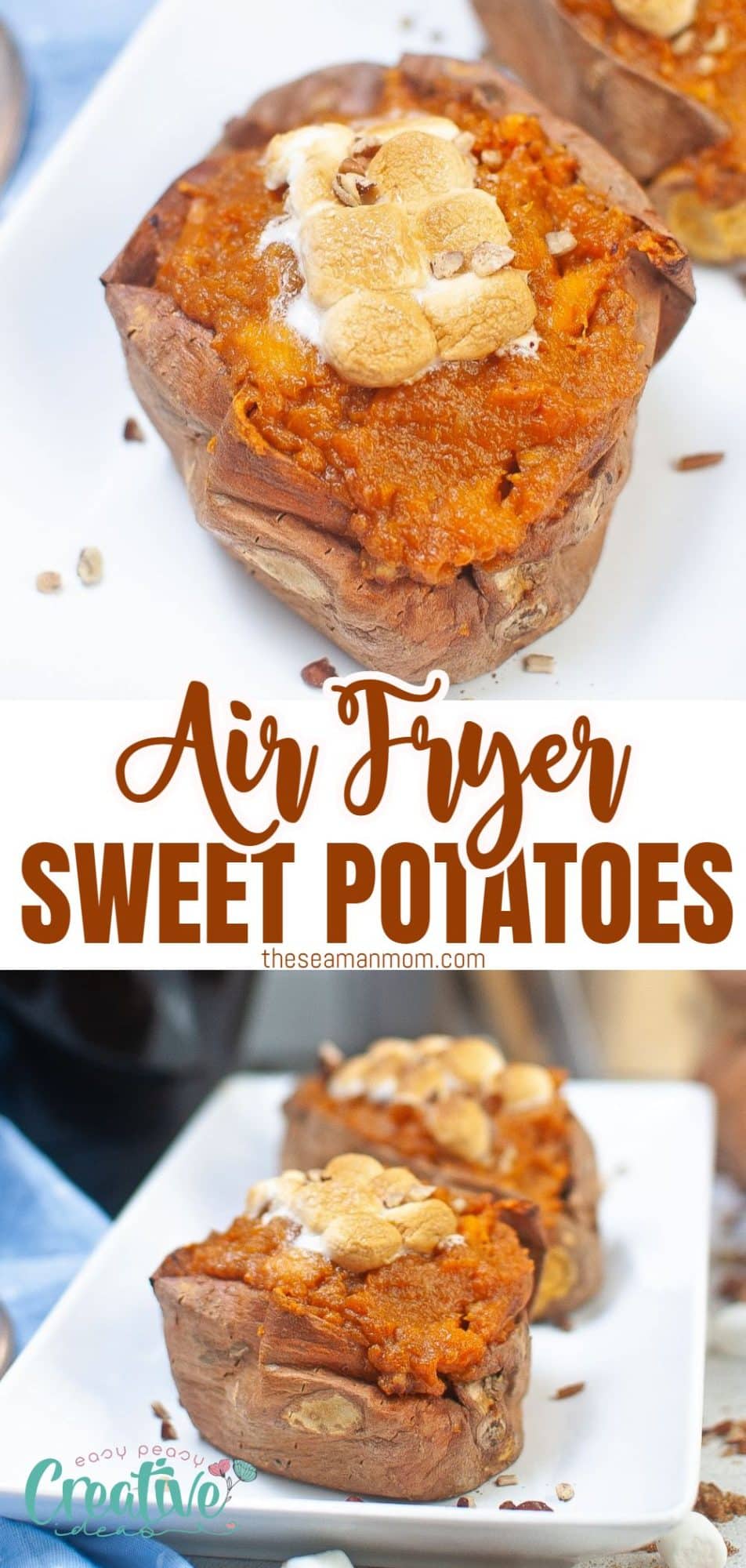 Air fryer baked sweet potato with marshmallow and pecan toppings